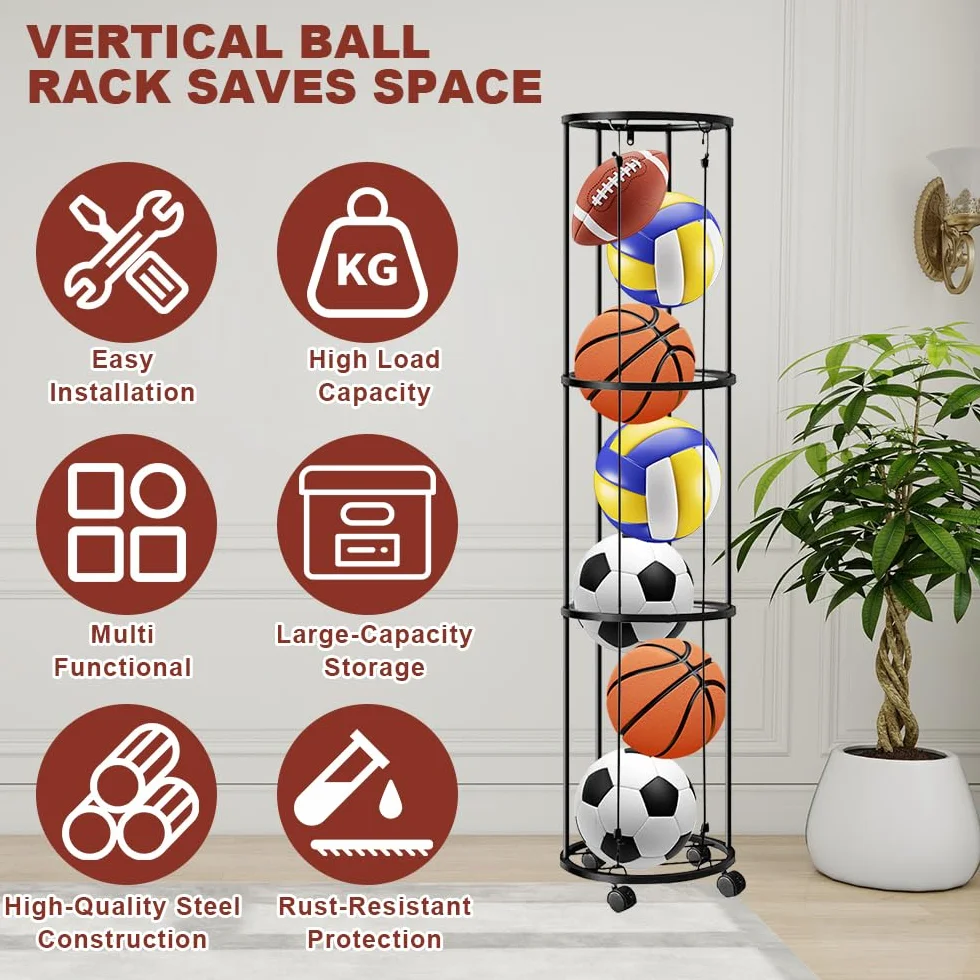 Soporte Balón Fútbol 3 Niveles con Ruedas, Estante Almacenamiento Deportivo para Baloncesto Fútbol Voleibol