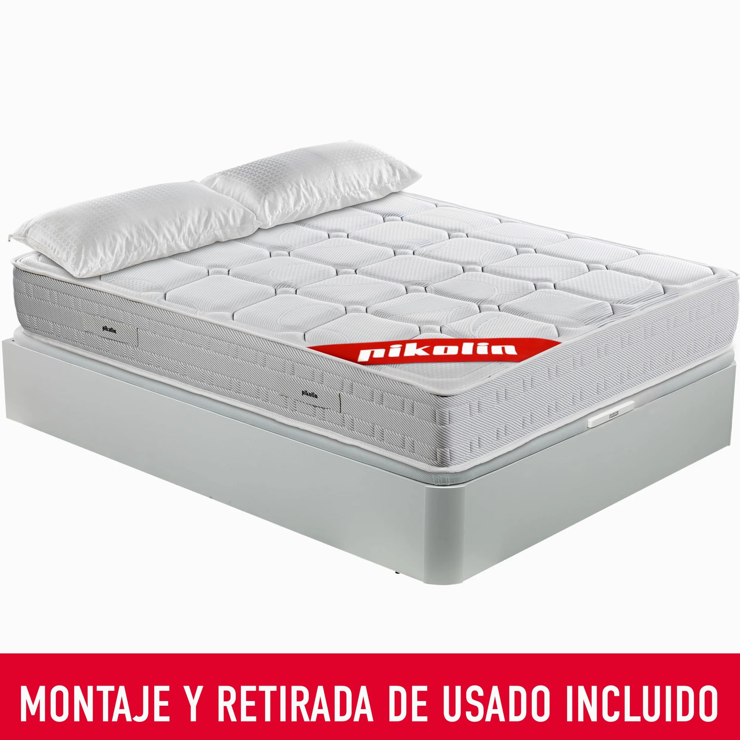 PIKOLIN Pack Colchón Wow, Muelles Ensacados 27cm + Canapé Abatible Blanco + 2 Almohadas Fibra con Entrega, Montaje Dentro del Domicilio y Retirada de Colchón y Base Usada Incluido, 135x190