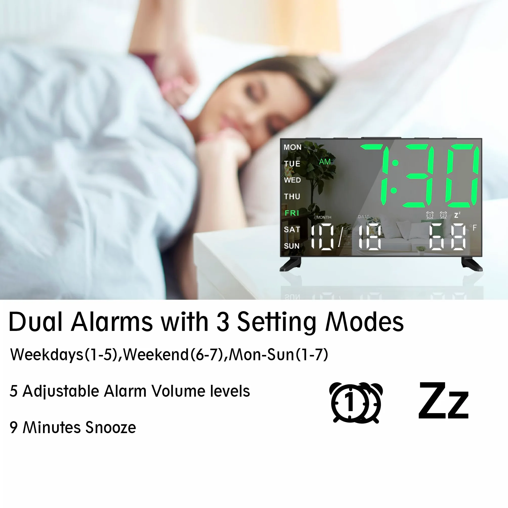 Reloj Despertador Digital con Espejo y Alarma Fuerte con Fecha, Temperatura Interior, Puerto de Carga USB, regulador de Intensidad, Volumen Ajustable, Dígito Verde Negro