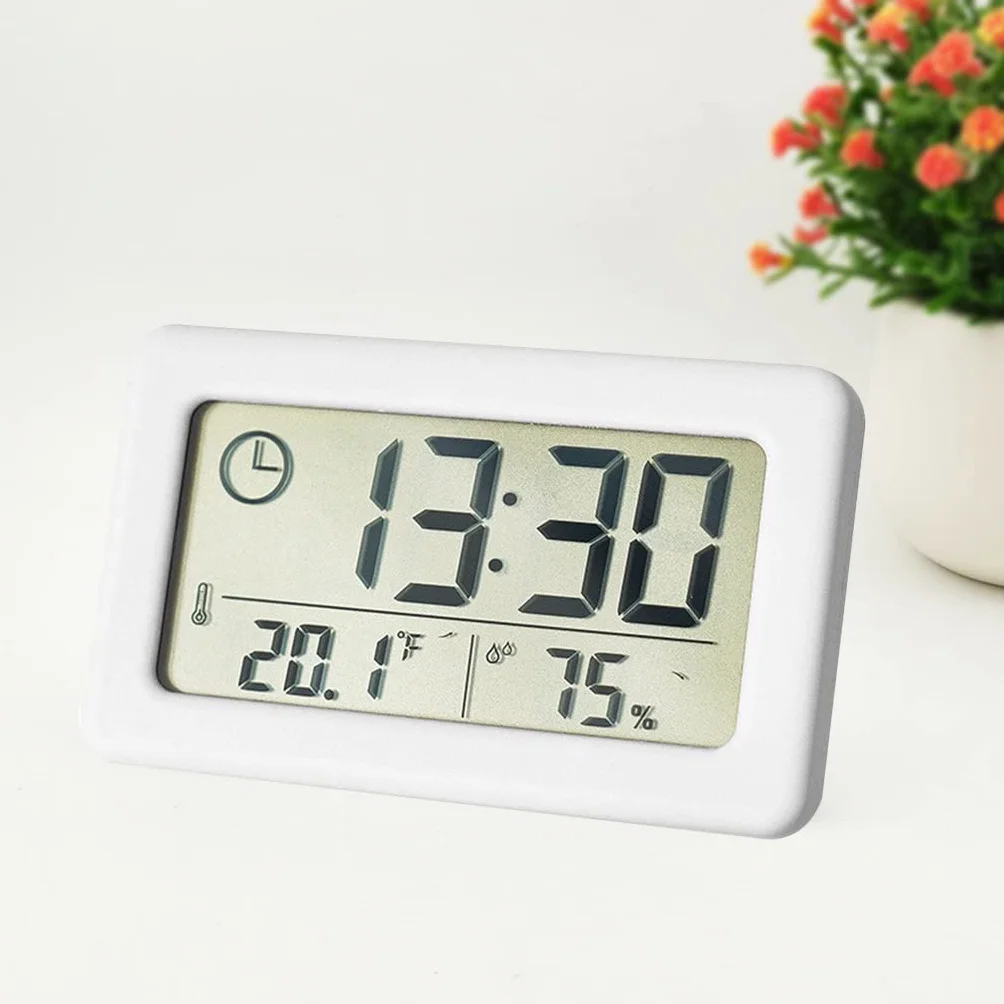 Termómetro Higrómetro Electrónico, Pequeño Reloj con Temperatura Humedad ℃/℉ Interruptor Batería Pantalla LCD 12/24 Horas Colgado Pie para Hogar Dormitorio