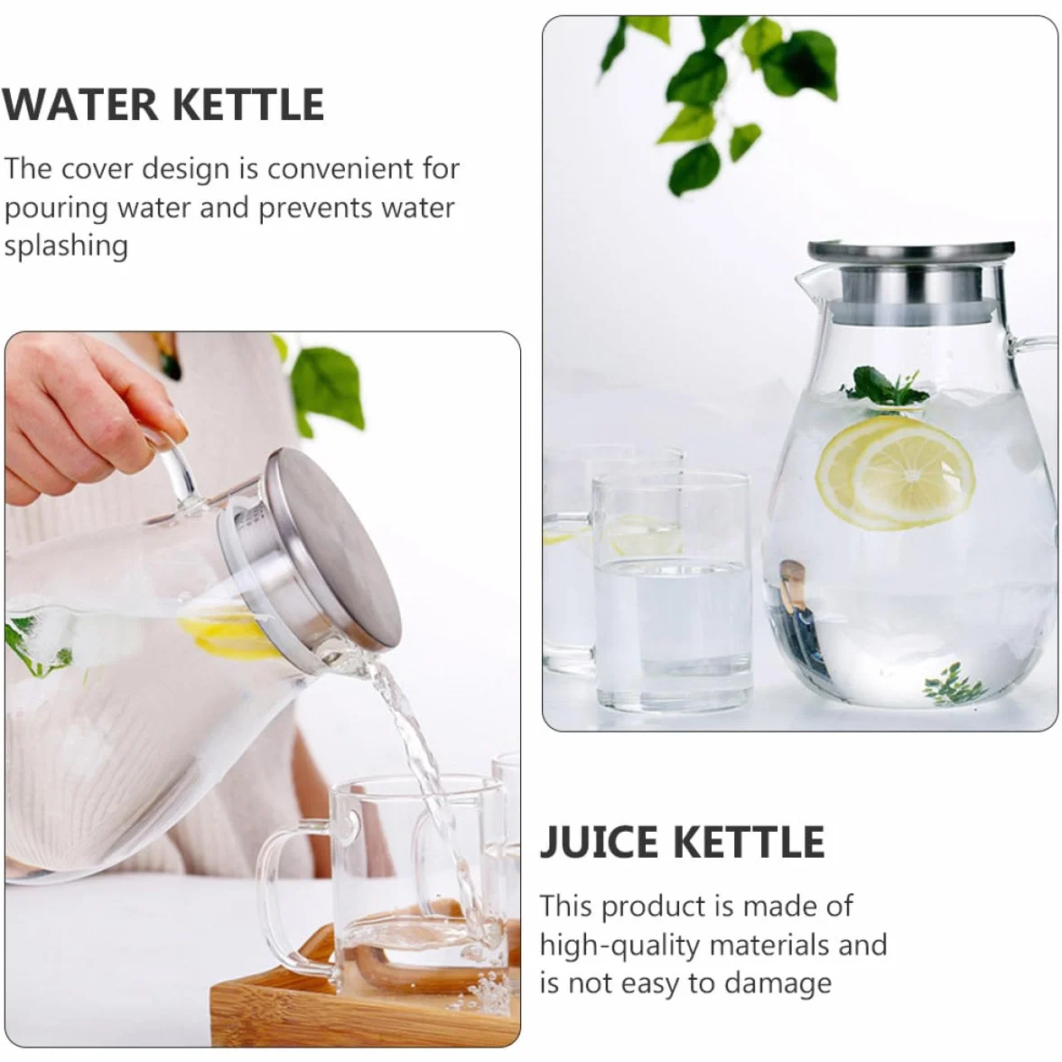 Jarra de Vidrio para Agua y Jugos 2000 Ml, Hervidor Multiusos Tapa Antigoteo, Botella de Almacenamiento Grande para Hogar y Cocina, Adecuado para Bebidas Frías y Calientes