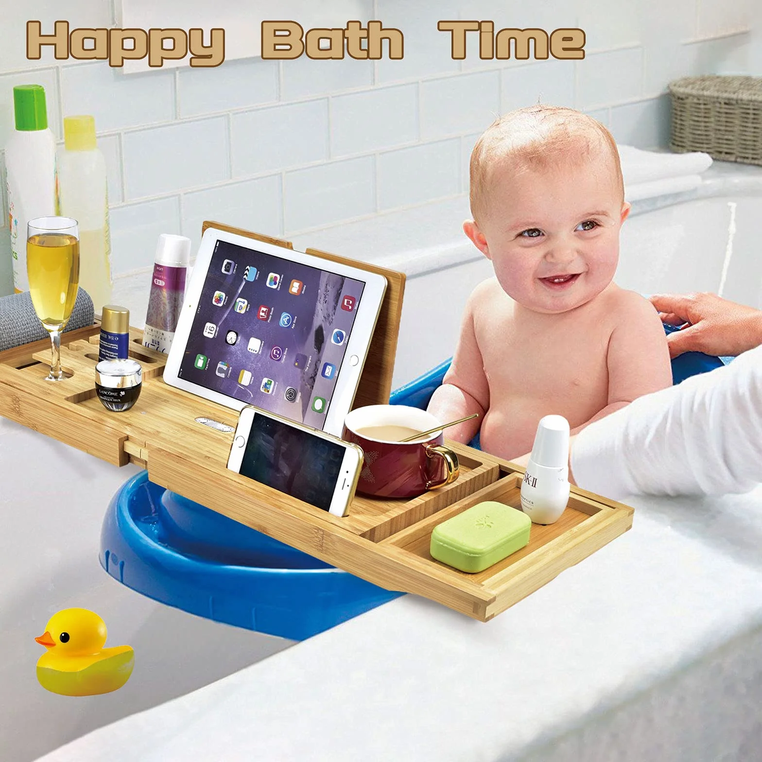 Bandeja de Baño de Madera para Bañera|Organizador Ajustable Extensible para bañera|Andeja de baño con Soporte para Copa de Vino|iPad|móvil y más|Bandeja de Baño Regalo Distintivo para Navidad