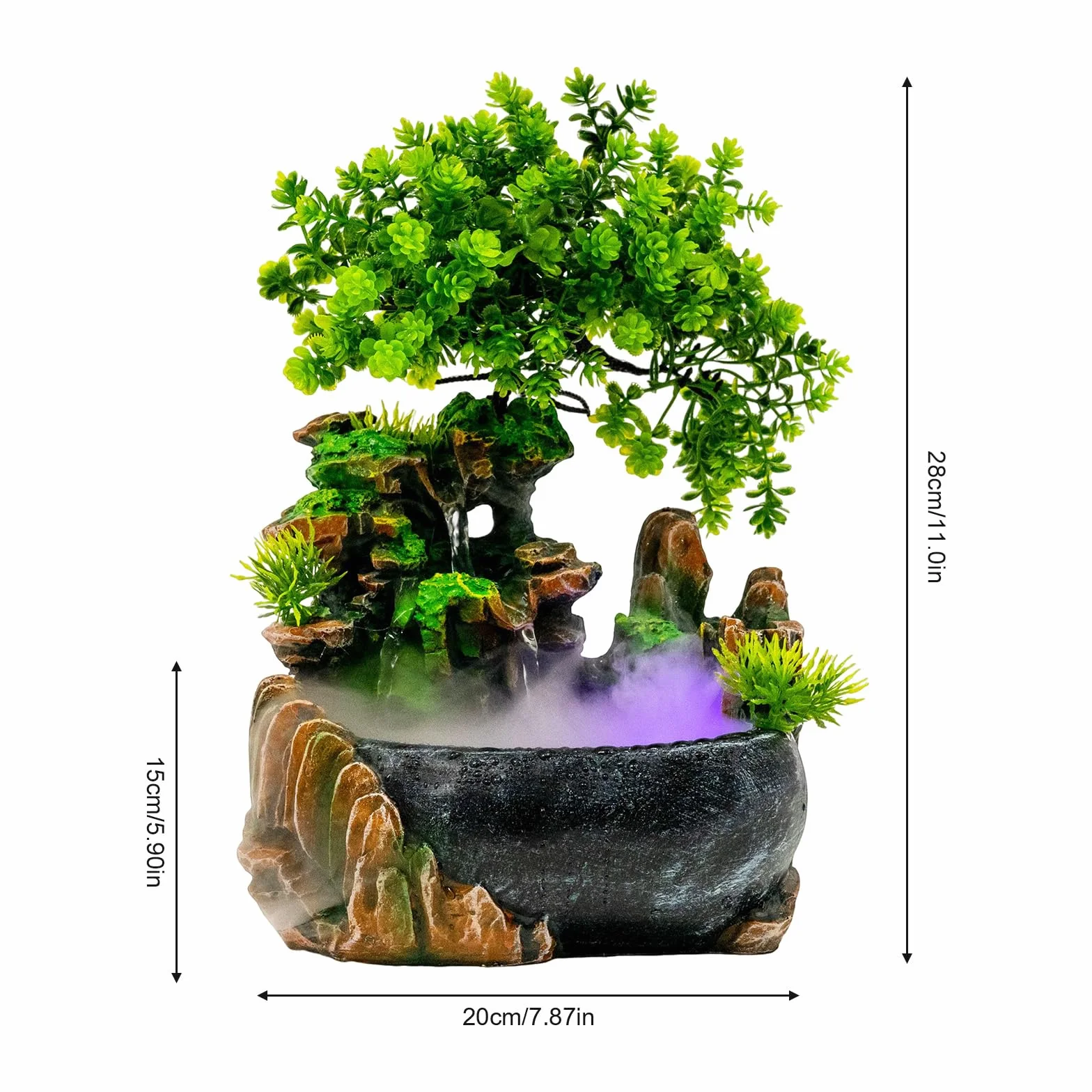 Fuente de escritorio, fuente de habitación con iluminación LED, fuente de mesa interior cascada con niebla, fuente de habitación con plantas, fuente para sala de estar, escritorio verde