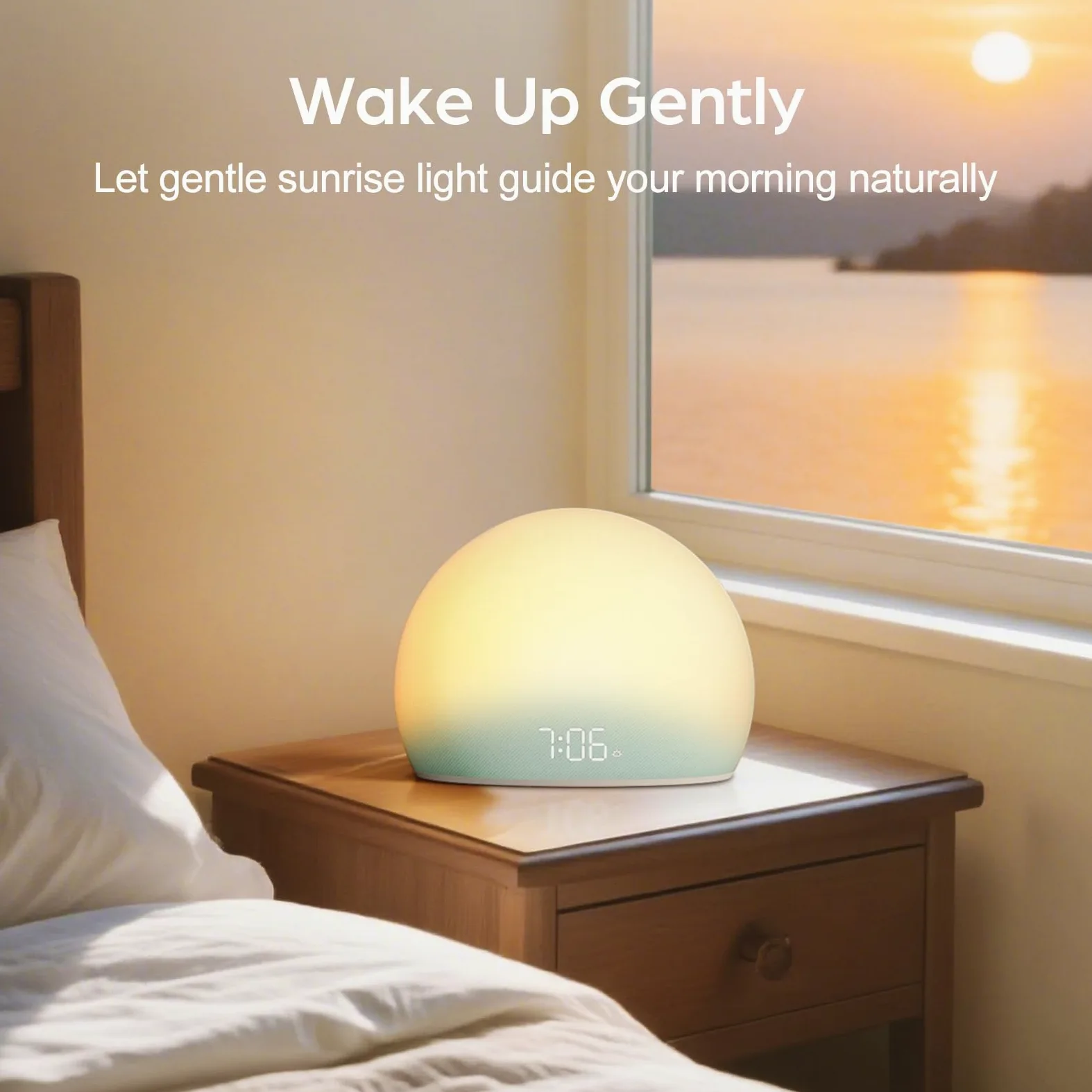 Housbay Reloj despertador de amanecer, máquina de sonido de ruido blanco, luz acogedora, sonidos de la naturaleza, reloj regulable, despertador suave, rutina regular de sueño-despertador, dormitorio