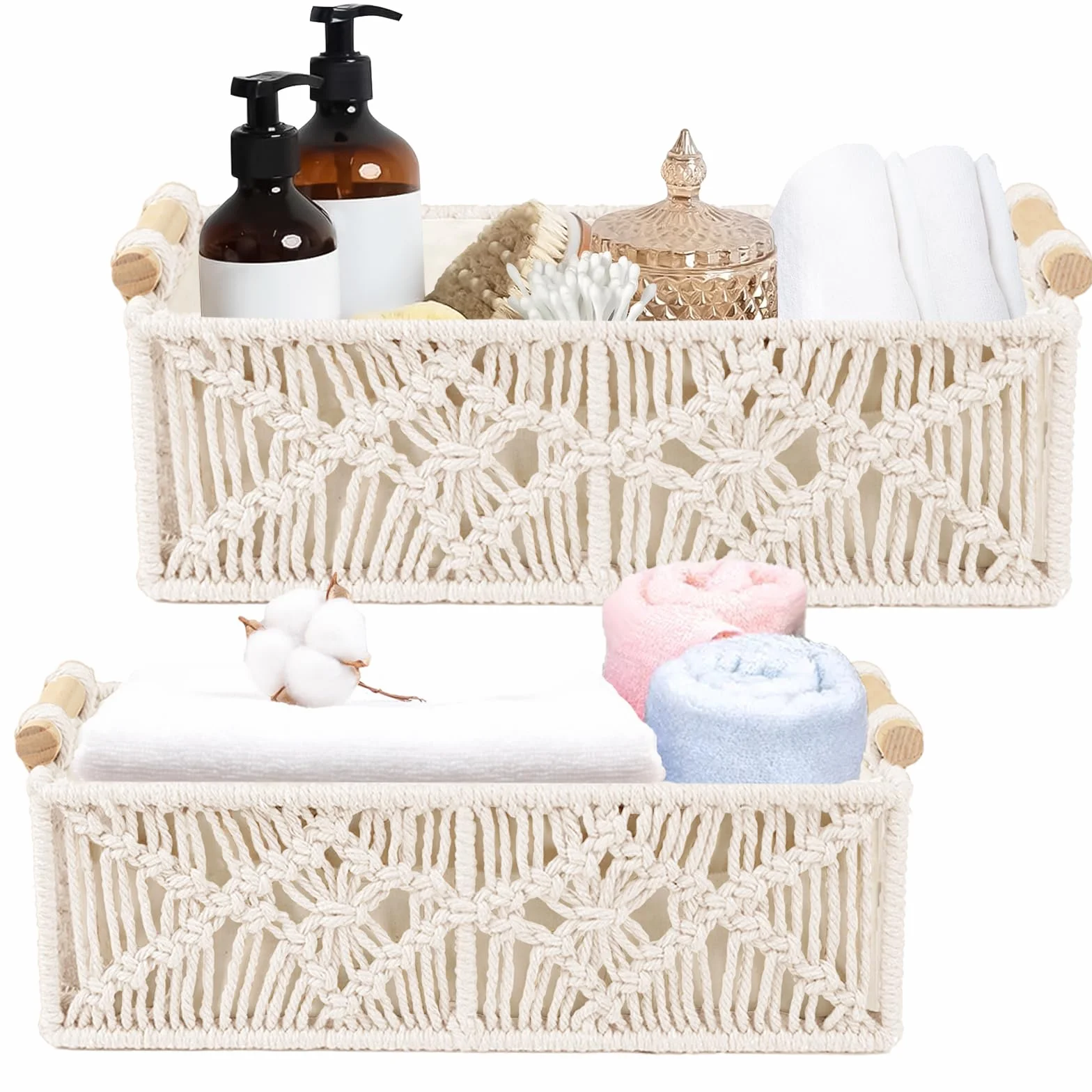 Cestas de Almacenamiento de Macramé Hechas a Mano, Decoración Bohemia, Caja Tejida con Asa, Cesta Trenzada para Baño, Dormitorio, Salón (Blanco Algodón)