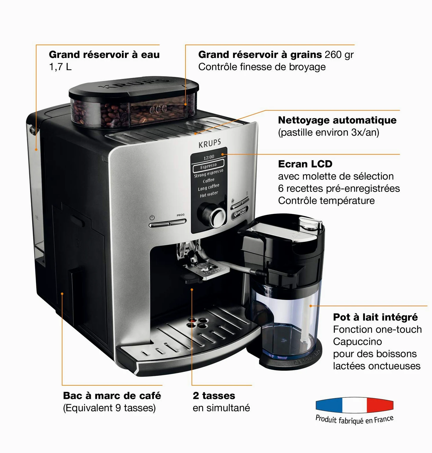 KRUPS Espresseria Latt, Tanque 1,7 L, 1450 W, Cafetera de Acero, Trituradora, Cappuccino Instantáneo, Limpieza Automática, 15 Bares YY4201FD