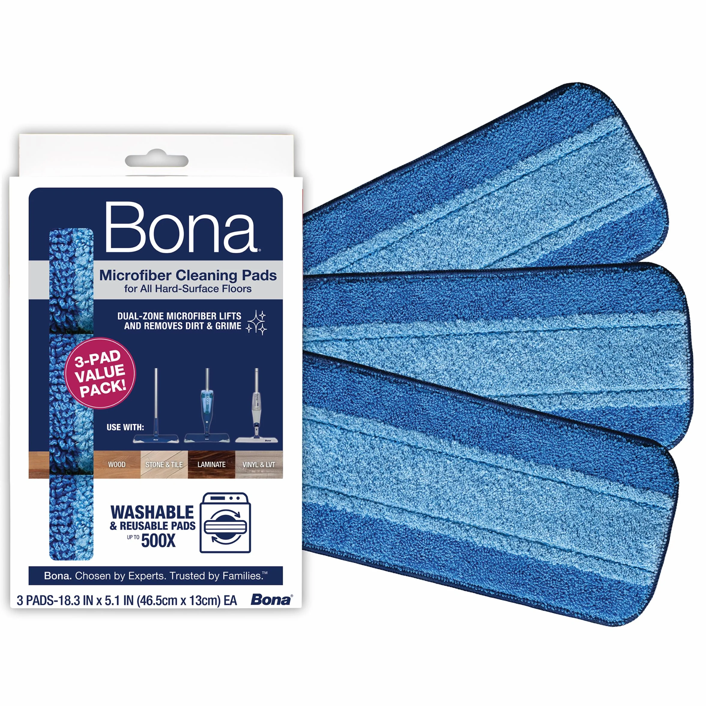 Bona Almohadilla de limpieza de microfibra, para suelos de madera y superficies duras, se adapta a la familia Bona de fregonas, 3 unidades (paquete de 3), color azul