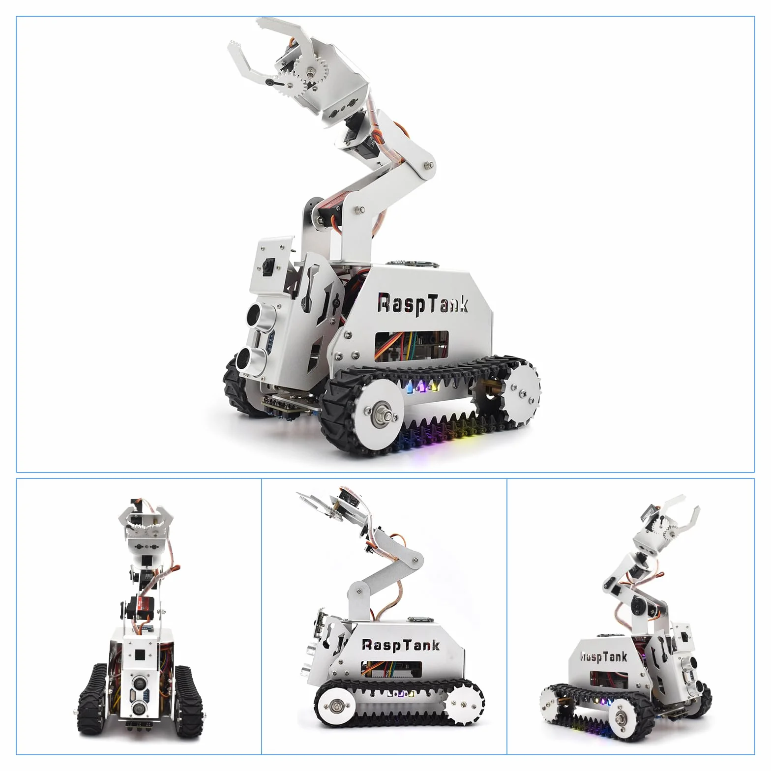 Adeept RaspTank - Kit de Coche Inteligente de Metal para Raspberry Pi 5/4B/3B/3B+ (Placa no incluida), Robot rastreado por Tanque con Brazo robótico de 4 DOF, prevención de obstáculos, Seguimiento de