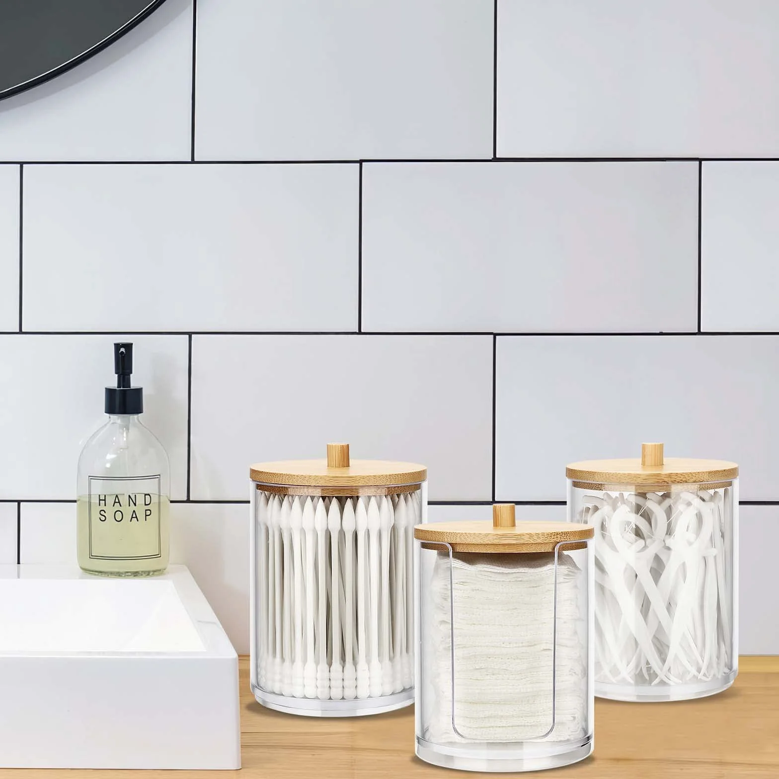 3 Pieza Dispensador de Algodón, Soportes de Hisopos de Algodón, Dispensadores Discos Desmaquillantes, Algodón con Tapas de Bambú Contenedor para bolas de algodón, Organizador de Almacenamiento de baño