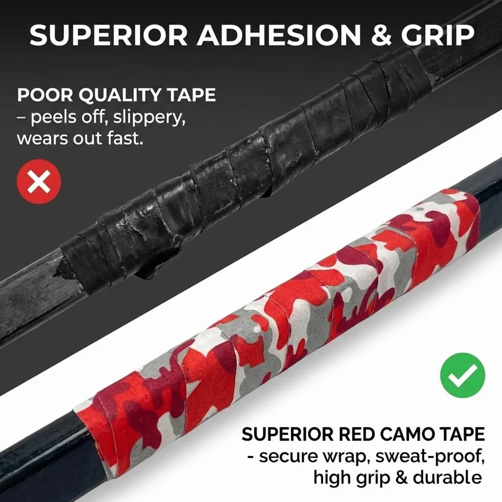 Cinta de Hockey 25m x 2,5cm Camuflaje Rojo - Tela de Algodón Resistente al Frío y Agarre Antideslizante