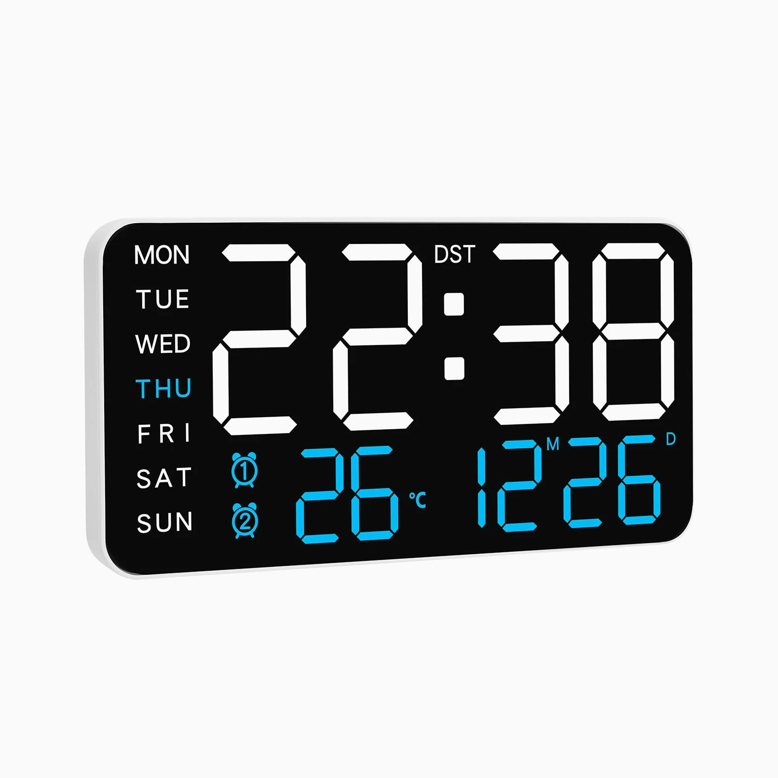 KCKJ Reloj despertador digital grande para dormitorio y hogar, con visualización de temperatura, fecha y día de la semana, brillo y volumen ajustables, doble uso para escritorio o montaje en pared