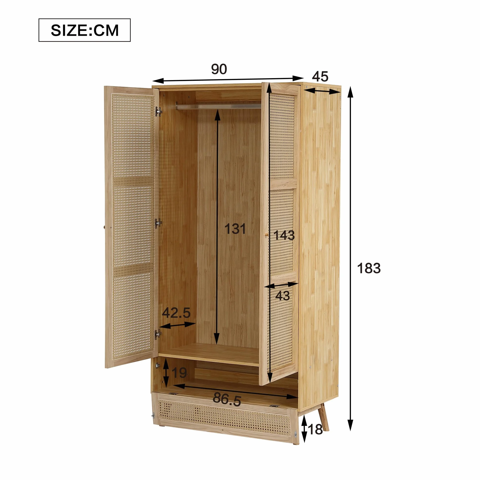 Idemon Armario con barra, armario de 2 puertas, dormitorio, red de ratán, sala de estar, con tapa inferior abatible, tableros de partículas+ratán de polietileno, natural