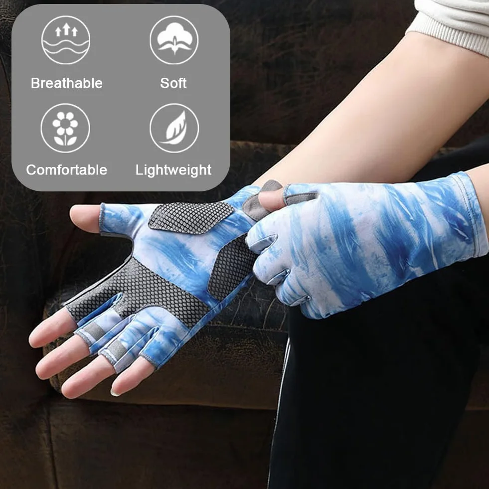 Guantes de Pesca sin Dedos Protección Solar Caza Camuflaje Antideslizantes Deportivos Ciclismo (Azul, XL)