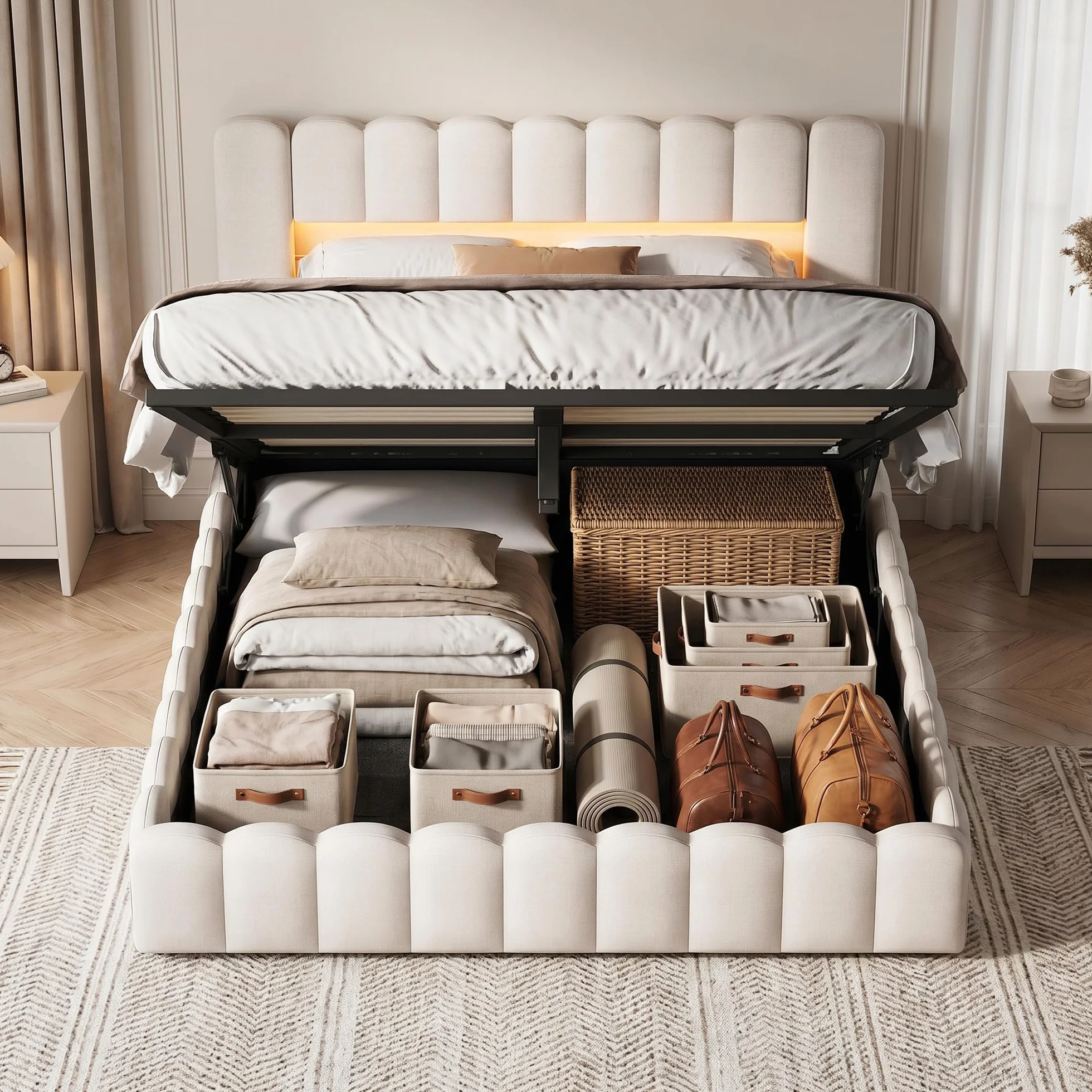 Cama tapizada de 160 x 200 cm con cajón, cama de 160 x 200 cm con espacio de almacenamiento hidráulico, cabecero con LED y USB, marco de cama doble con somier, lino beige, sin colchón