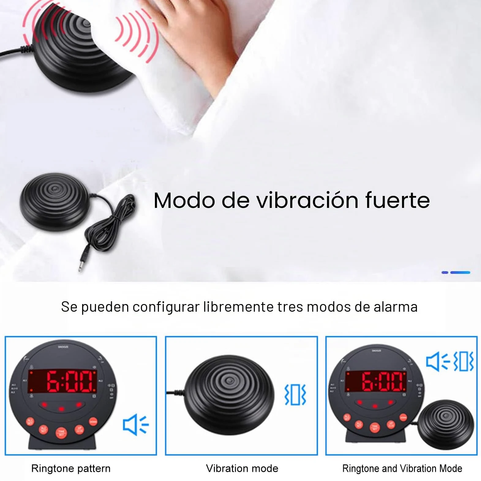 Reloj Despertador con Vibración Extra Fuerte de 110 DB Reloj Despertador con Luz de Alarma Roja Reloj Digital con Pantalla Grande para Personas Sordas con Problemas de Audición