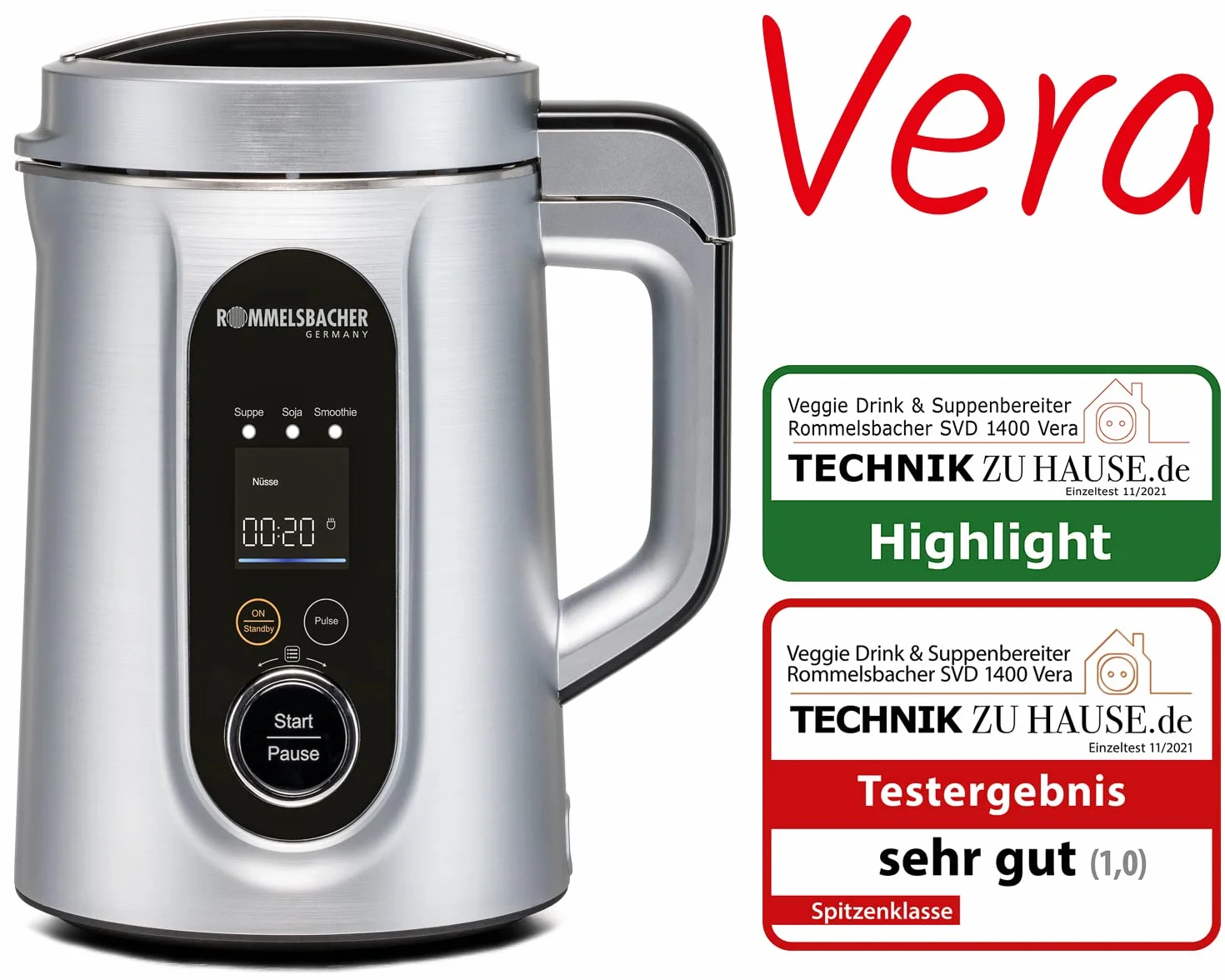 ROMMELSBACHER Veggie SVD 1400 - Preparador para bebidas y sopas, 9 programas, programa de limpieza, recipiente interior de acero inoxidable, capacidad de 1,3 l, campana para puré, cuchillo de filo