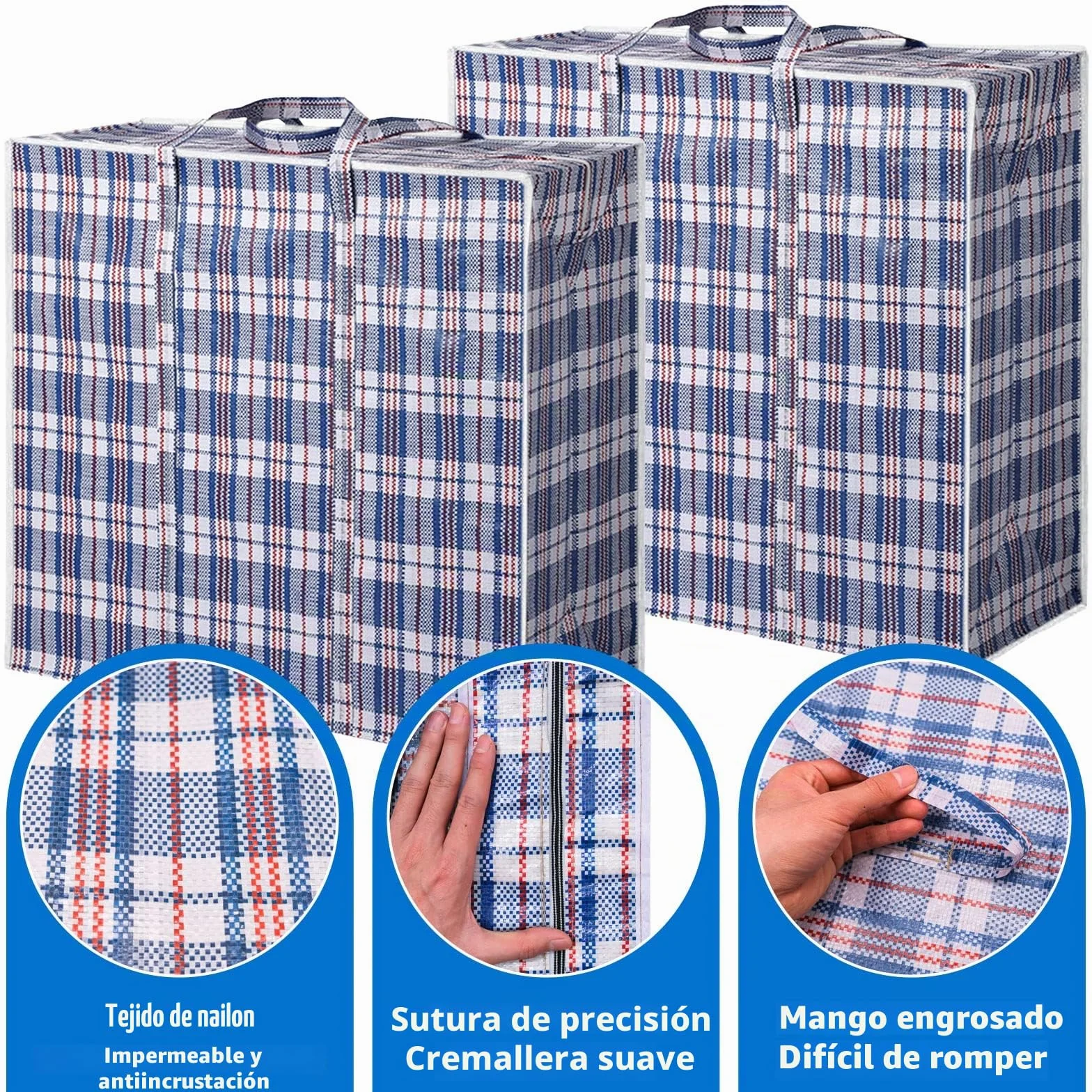 2 Bolsas de Almacenaje Sobredimensionadas con Cremallera, Bolsas de la Compra para Ropa, Bolsas Grandes de Mudanza, Azul, Poliéster