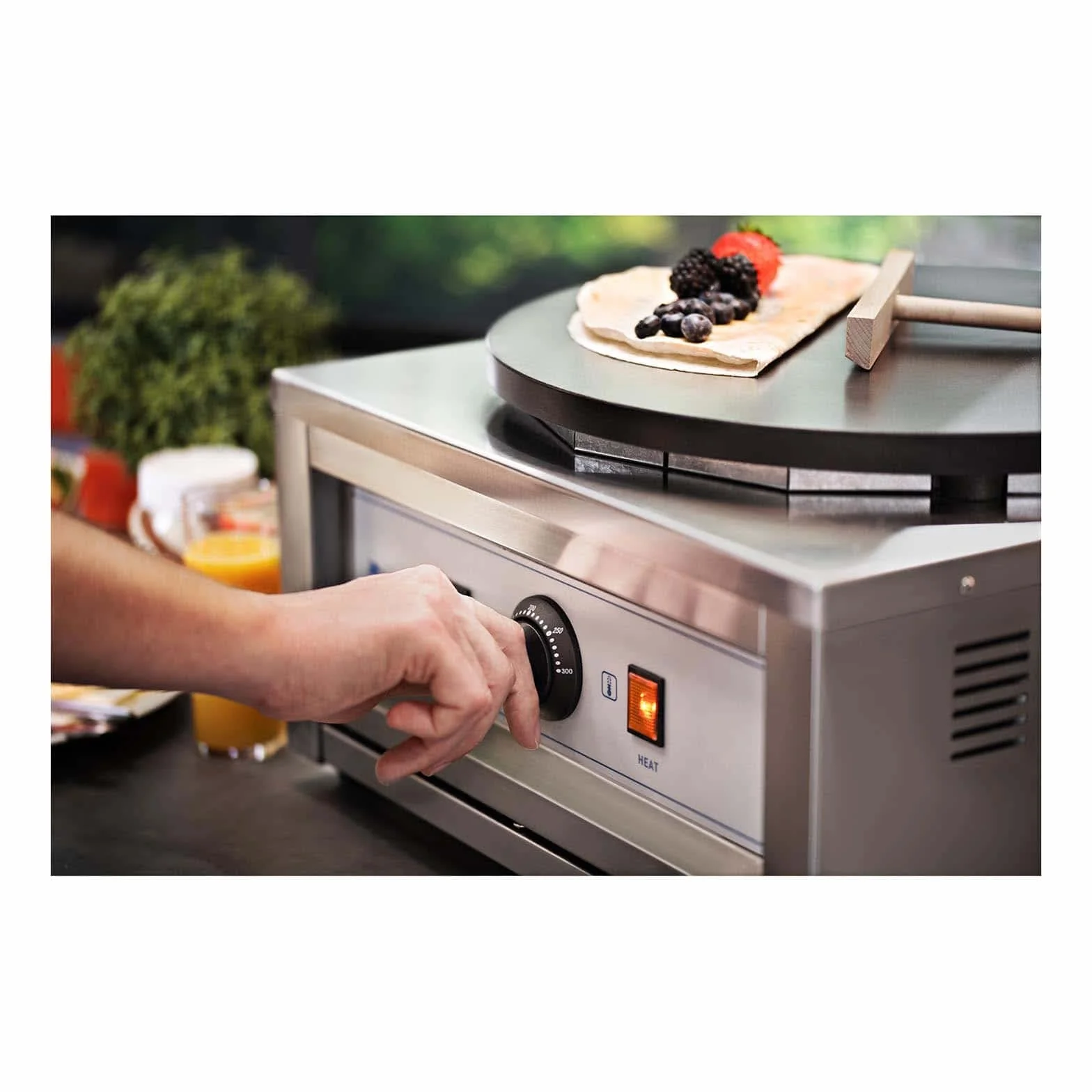 Royal Catering Crepera Máquina de Tortitas RC-CMS01 (Diámetro: 400 mm, 3.000 W, 0-300 °C, Acero inoxidable/hierro fundido revestido de teflón)