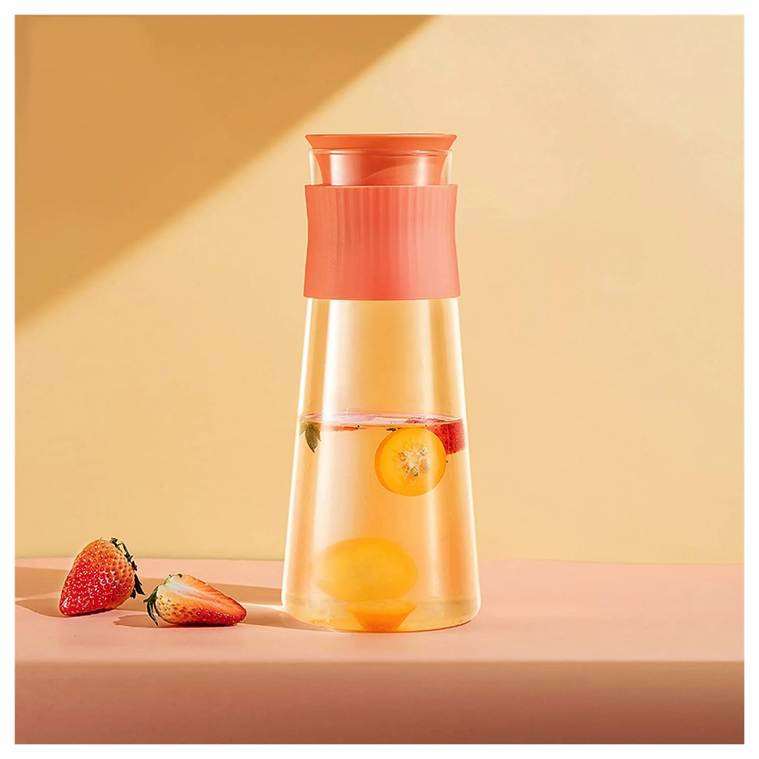 Jarras Agua Jarra de vidrio con anillo de sellado de silicona Hervidor de agua frío Tetera multicolora con salida doble for jugo, bebidas calientes y frías, café Jarra de Té Helado(Orange)