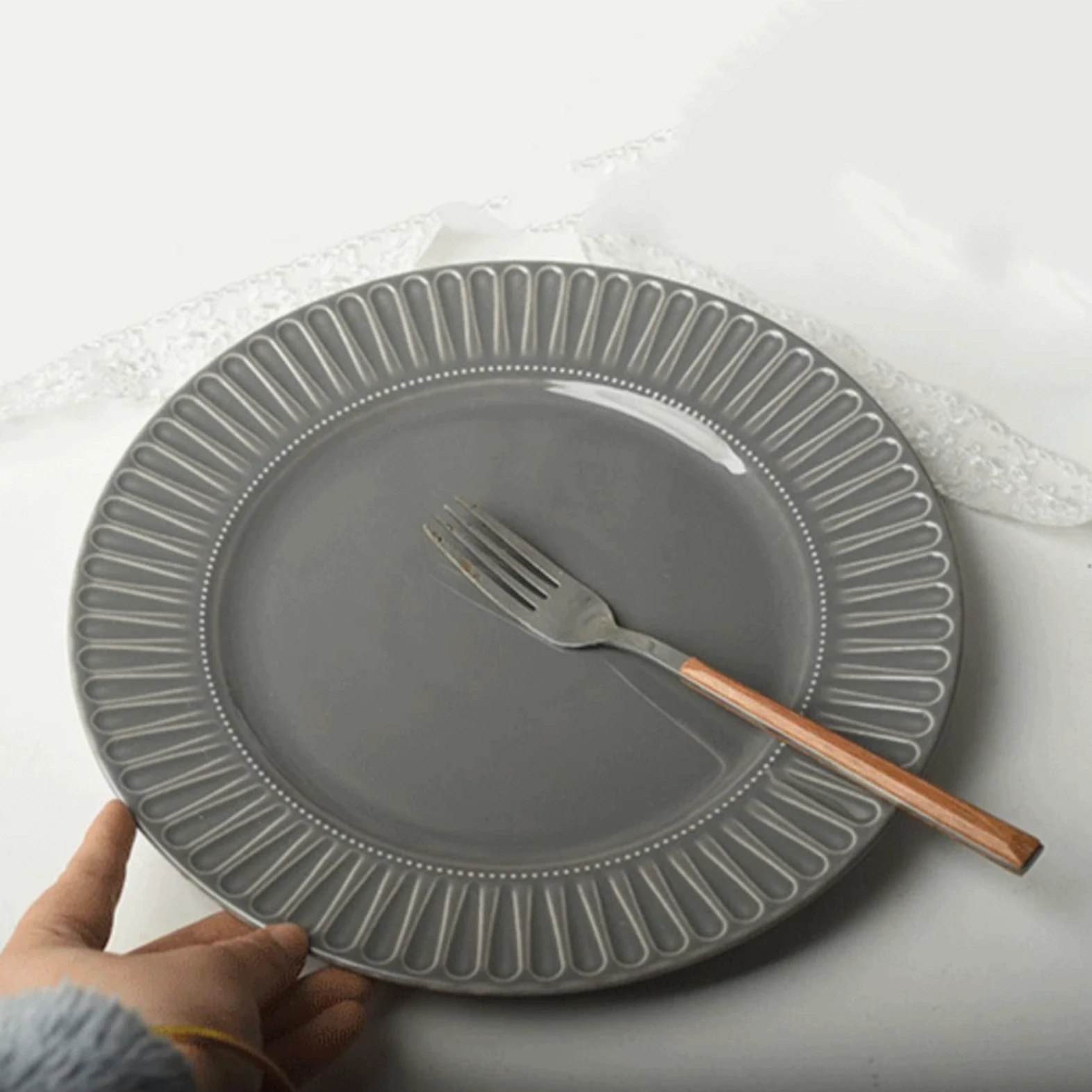 Platos Llanos Plato de Comedor con patrón en Relieve, Plato de Comedor de cerámica for el hogar, Restaurante, cafetería, Plato de Postre, Plato Plano Circular Platos Postre(A)