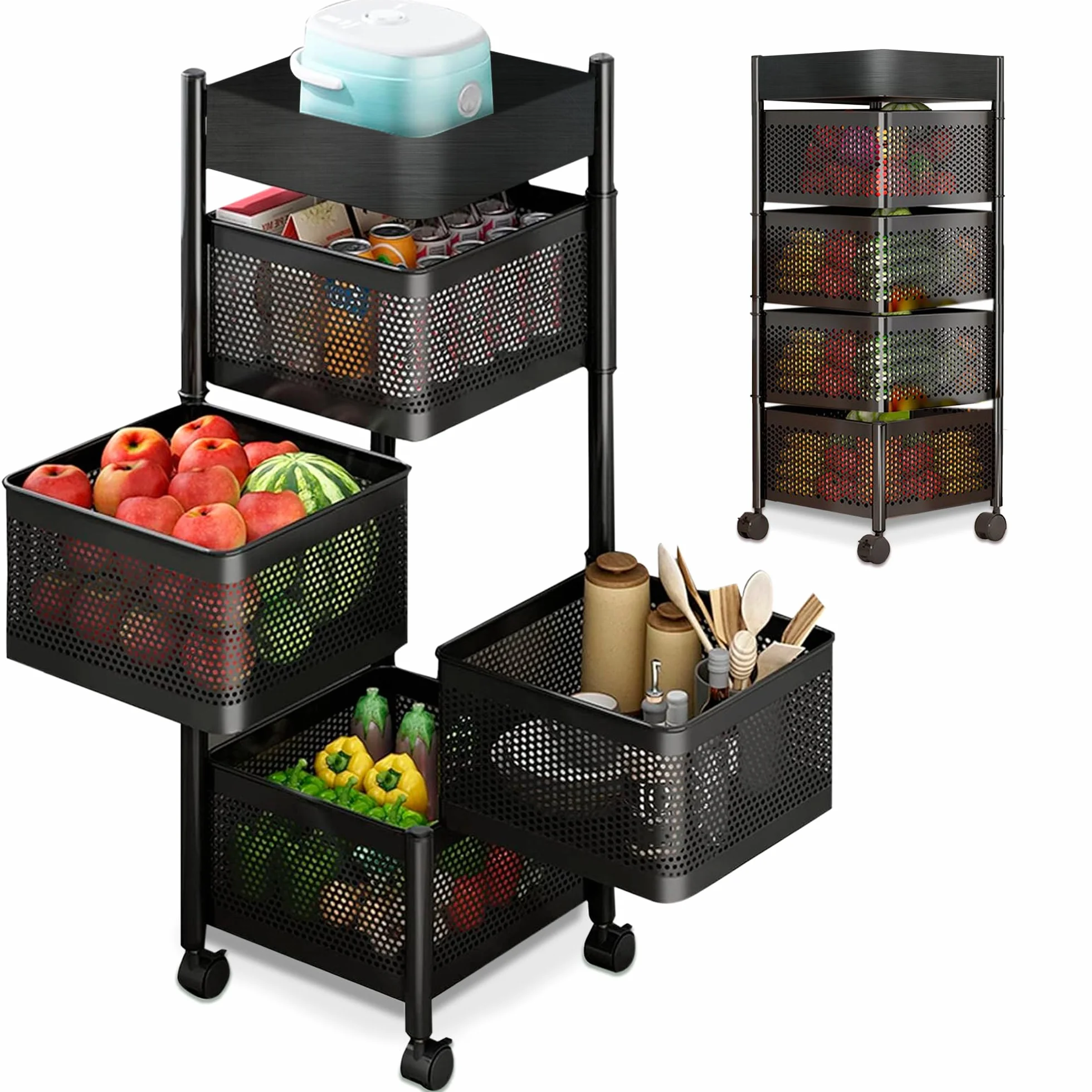 JUPPLIES Carrito Auxiliar con Ruedas - Cesta de Almacenamiento Ahorra Espacio 4 Niveles - Carrito Cocina Giratorio - Estante Cocina, Baño, Estante para Frutas y Verduras