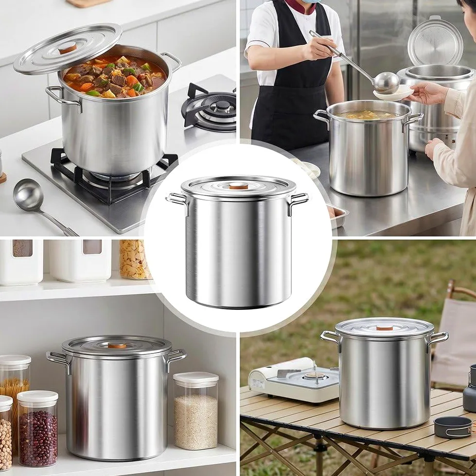 Olla Grande De Acero Inoxidable 304 con Tapa, 10 litros, Ideal para Sopas, Guisos Y Cazuelas, Hogar Y Restaurantes.