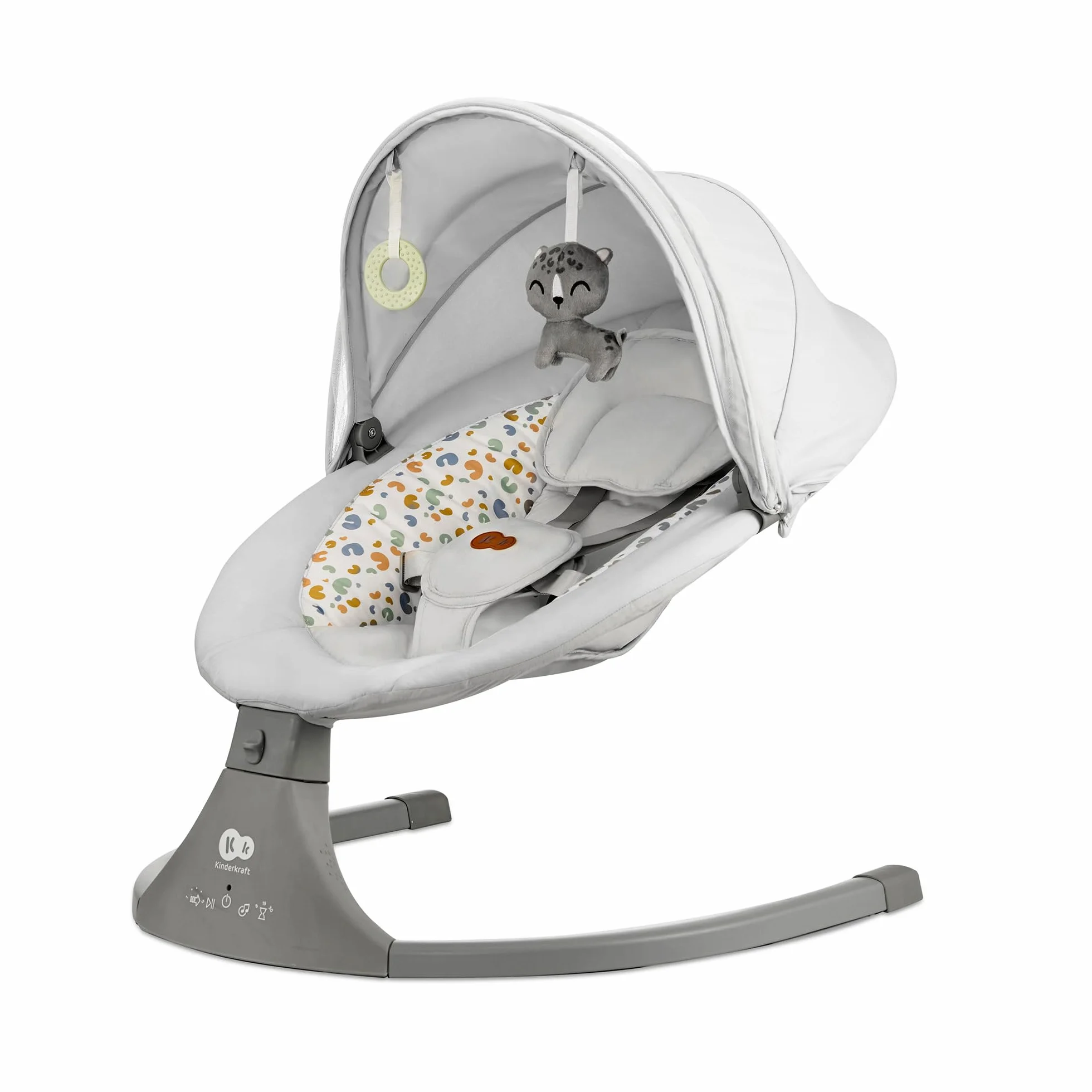 Kinderkraft Hamaca LUMI 2, Columpio eléctrico para bebés, Desde el nacimiento hasta los 9 meses, Altura regulable, 5 modos, 12 melodías, Arco con juguetes, Gris claro