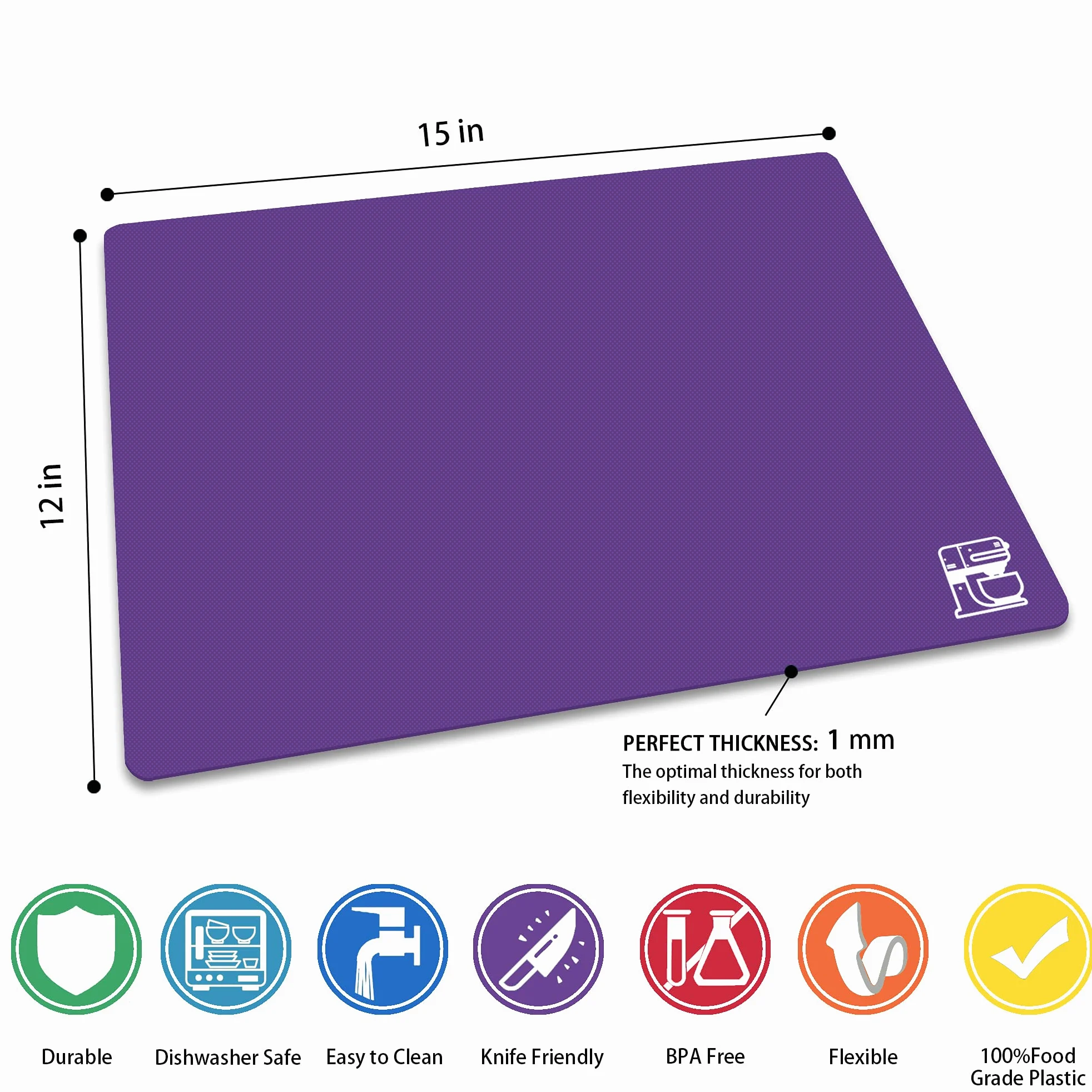 ZVP Juego de 3 tablas de cortar de plástico flexible para cocina, tablas de cortar con icono de alimentos, alfombrillas de corte antideslizantes para carne, sin BPA, aptas para lavavajillas
