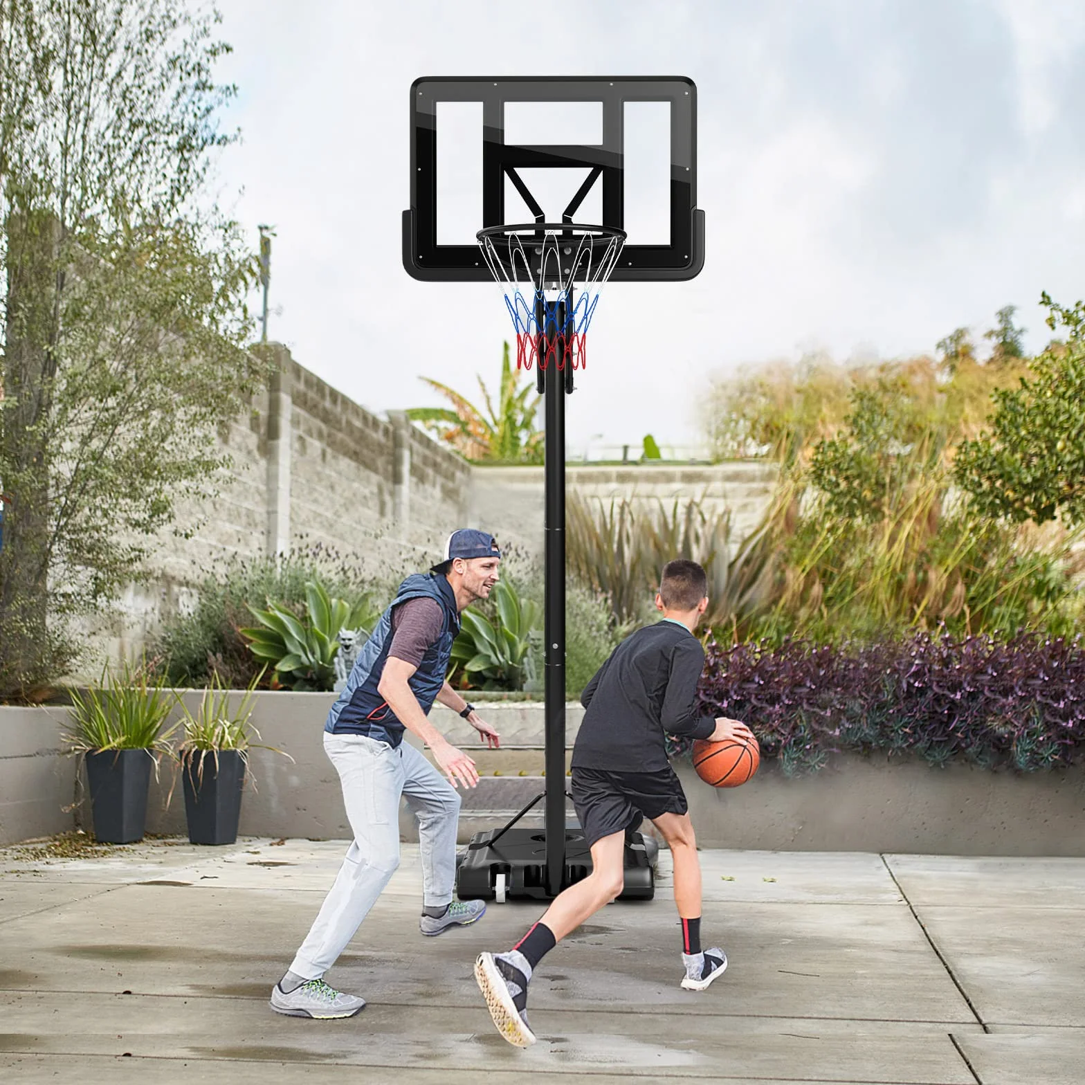 GOPLUS Canasta de Baloncesto Portátil Altura Ajustable 245-305 cm Base Rellenable Exteriores Interiores