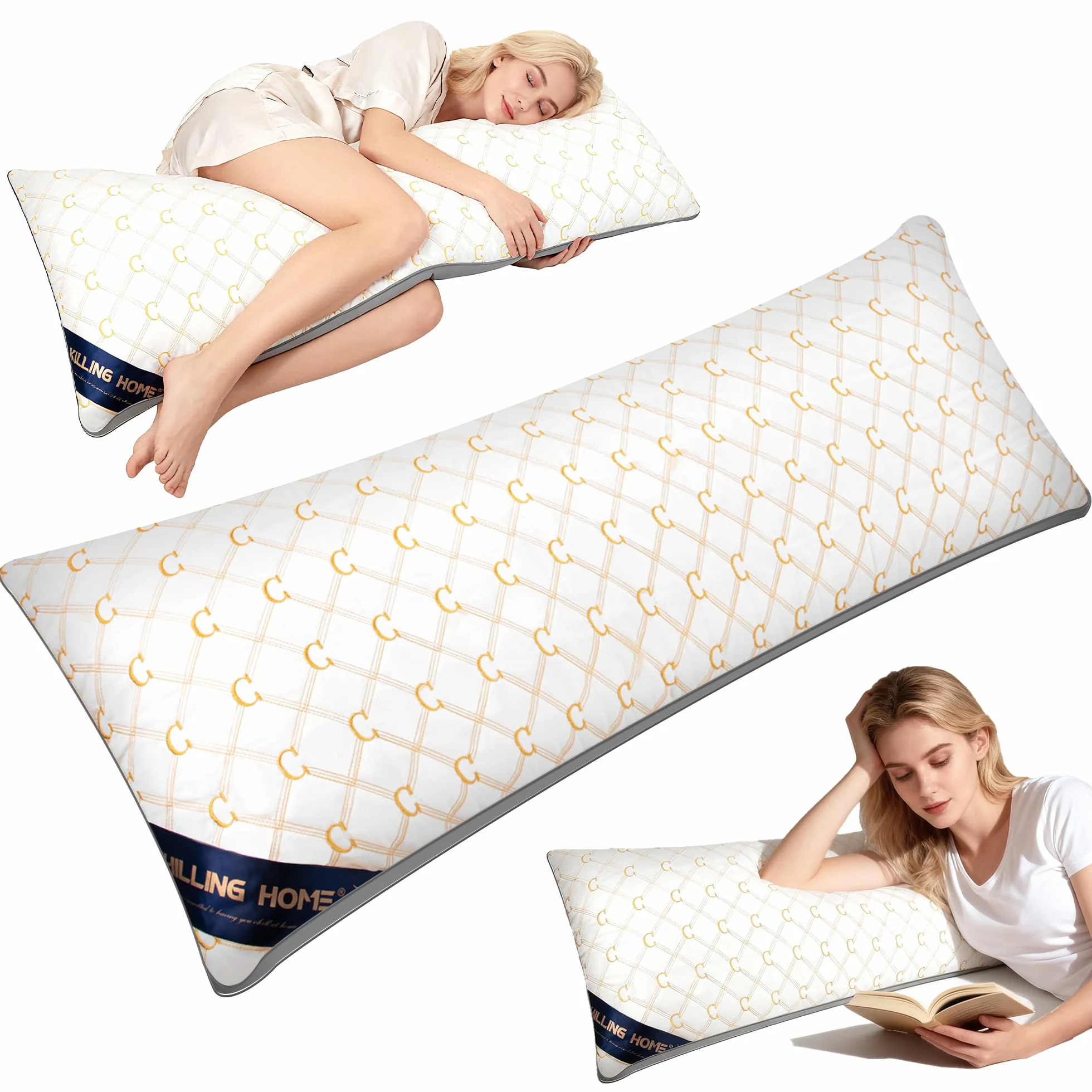 Chilling Home Almohadas de cuerpo completo para adultos con funda sedosa, almohada acolchada bordada, almohadas largas de embarazo para cama, almohada de maternidad grande para dormir (blanco y dorado