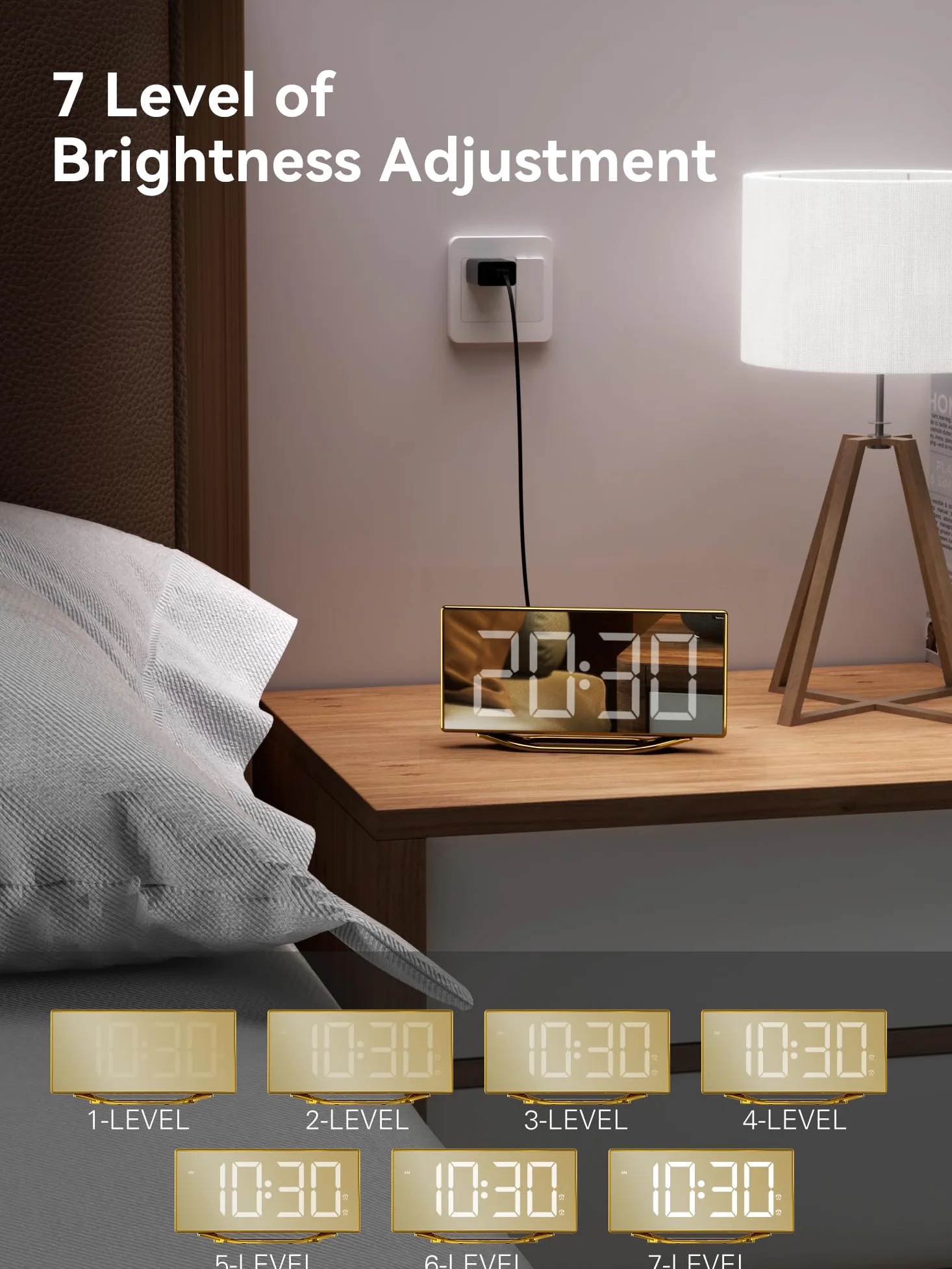 Reloj despertador para dormitorio, moderno reloj digital para sala de estar, reloj despertador LED de 8.7 pulgadas con 2 cargadores USB, repetición, 12/24 horas, 7 reguladores ajustables y volumen