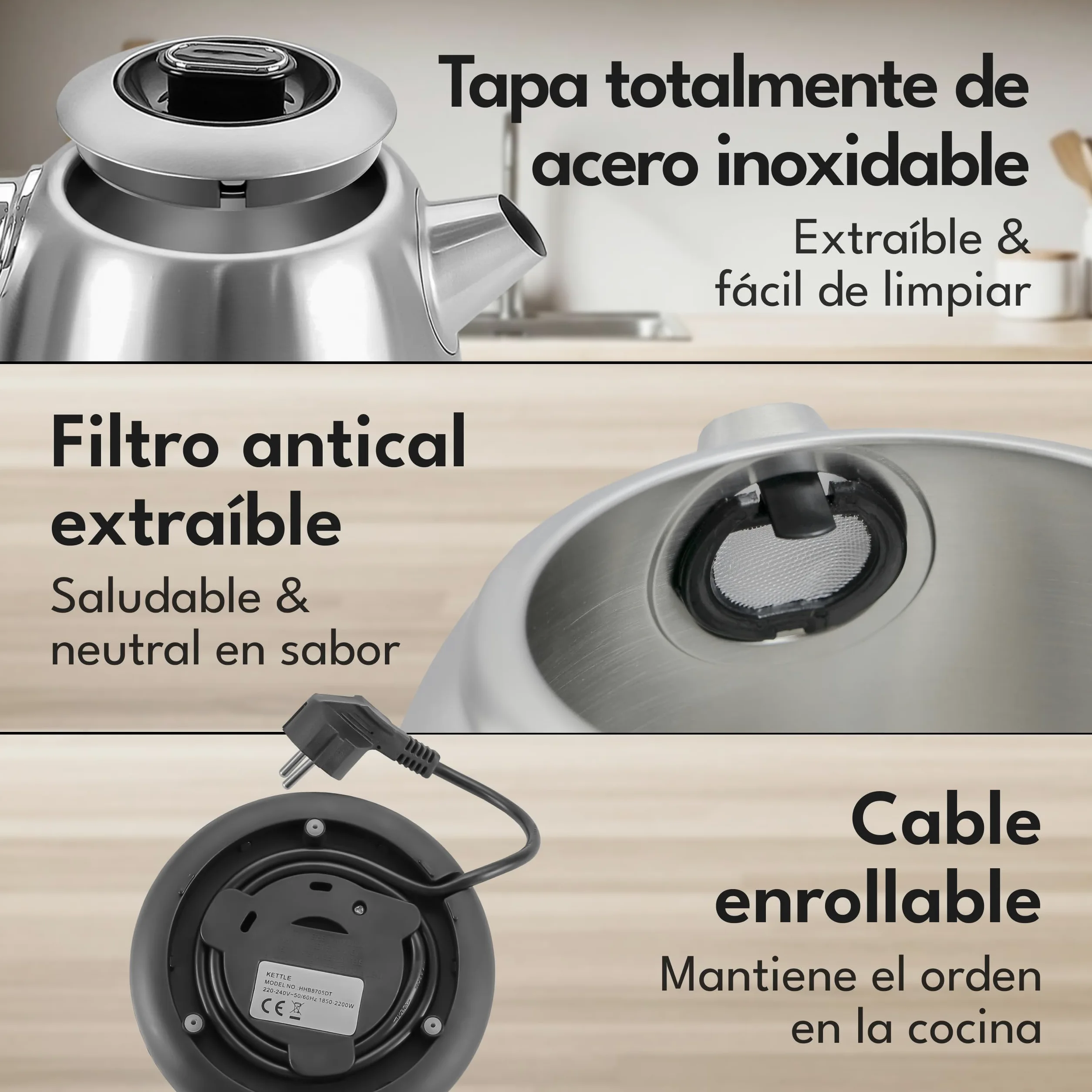 LEBENLANG Hervidor de agua de acero inoxidable con ajuste de temperatura - silencioso, con indicación de temperatura y función de mantenimiento del calor - 1,7l y 2200W | Hervidor de agua eléctrico | Silencioso, con indicación de temperatura y función de