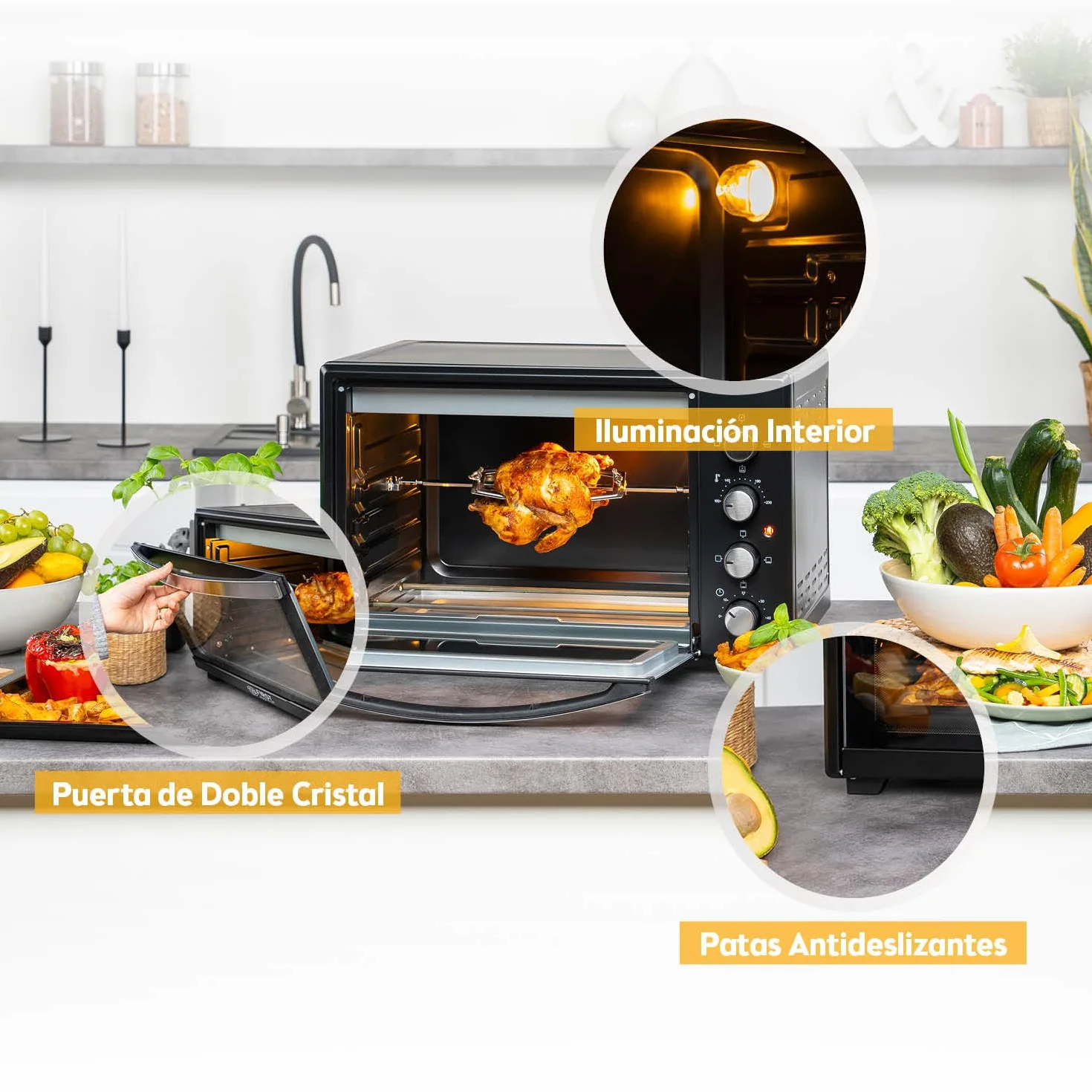 TZS First Austria - Mini Horno 45L 2000W - Minihorno para pizza hasta 230°C y revestimiento antiadherente - Con temporizador 60 min, 4 alturas de inserción, bandeja, rejilla y asador giratorio