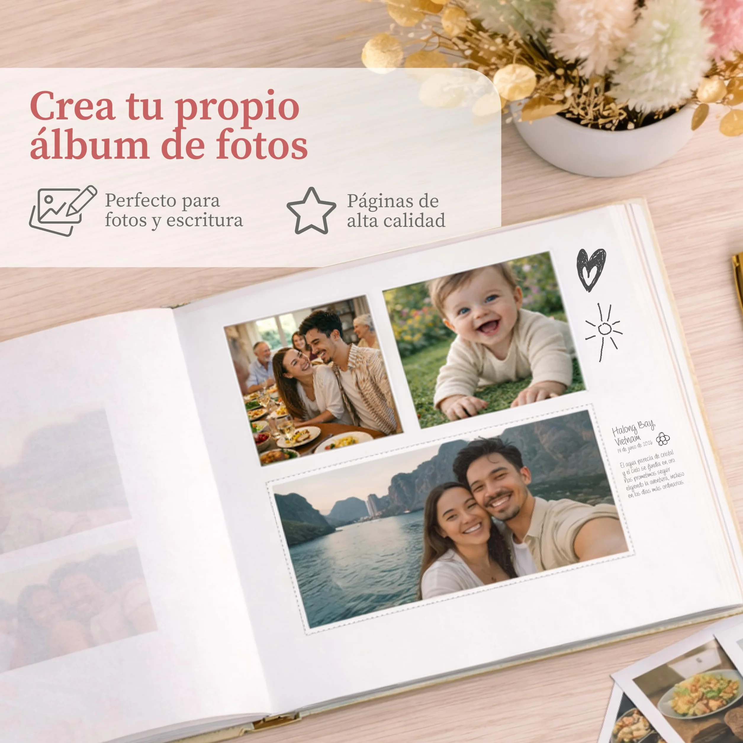 Zenacolor Album Fotos para Pegar y Escribir - Album de Fotos Lino 30x22cm Beige - 50 Páginas Brancas & Espaço para 150 Fotos