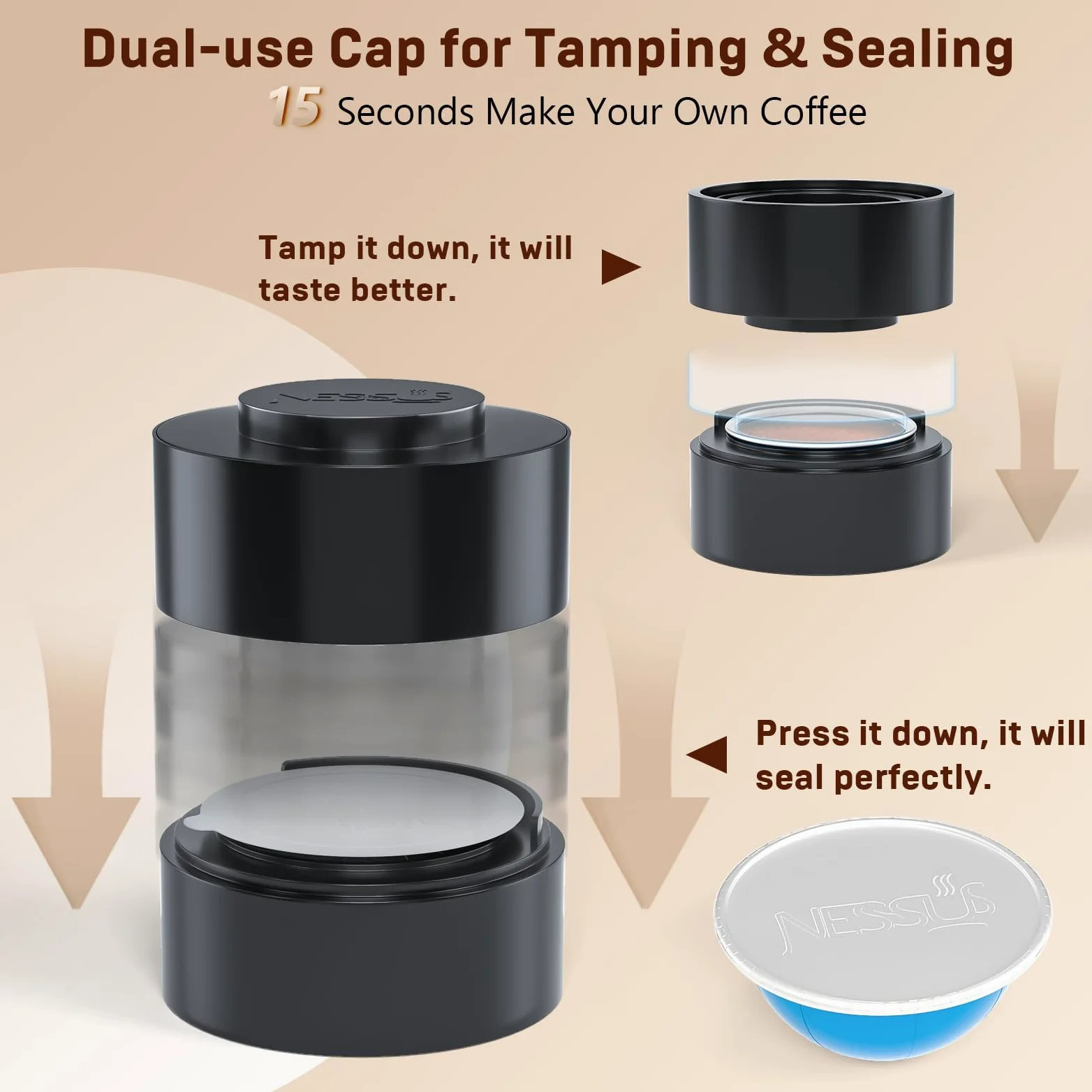 Nessus Kit de cápsulas Vertuo reutilizables, [ALSeal EZ FIT] para cápsulas reutilizables Nespresso con 100 tapas de sellado de papel de aluminio, soporte, cepillo, para rellenar cápsulas Vertuo