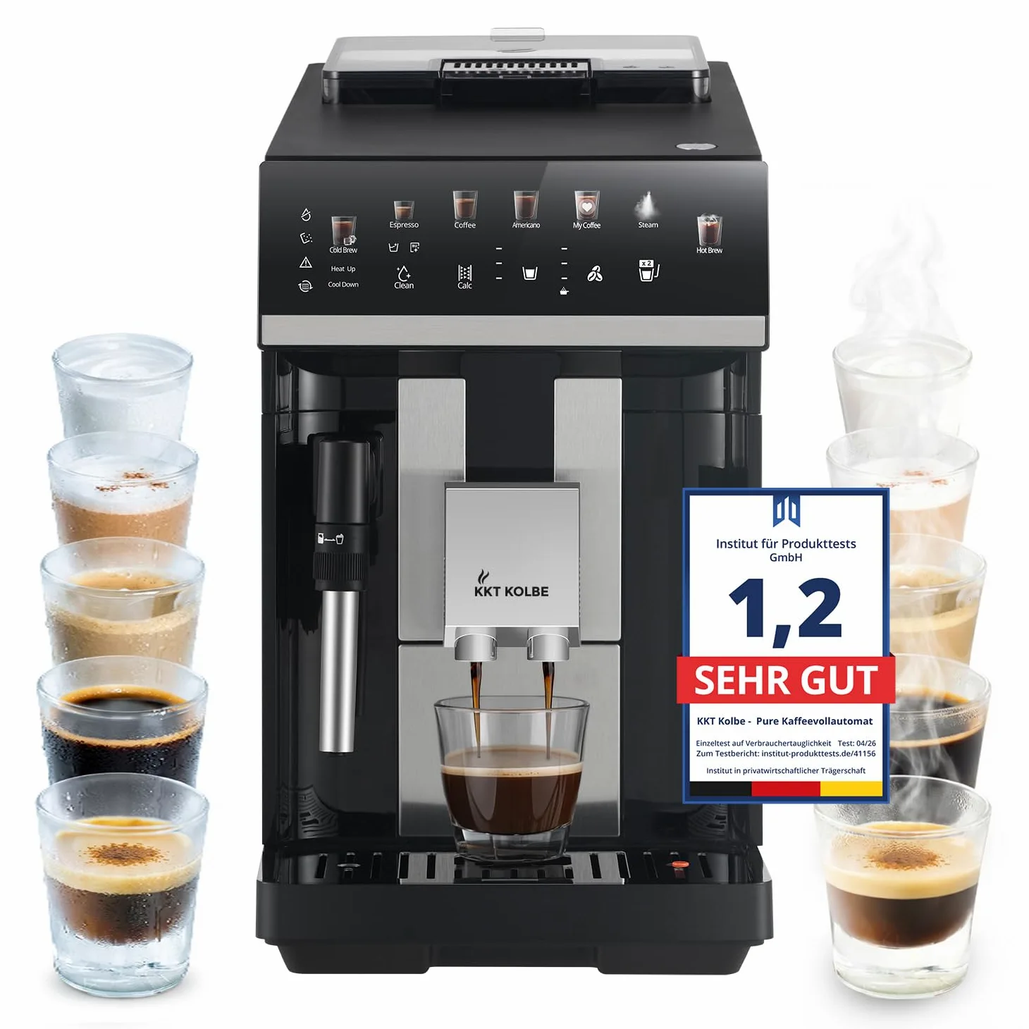 KKT KOLBE Cafetera totalmente automática con boquilla de espuma de leche, ColdBrew y accesorios, función de 2 tazas, 15 bar, molienda de 7 etapas, pantalla táctil, limpieza automática, negro y plata