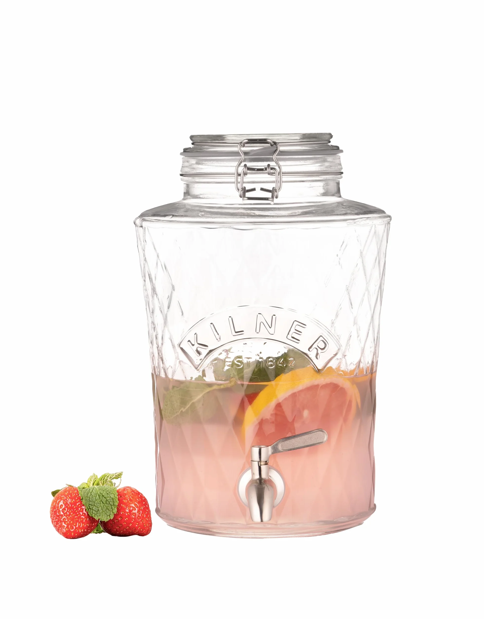 Kilner Diamond - Dispensador de bebidas de cristal de 5 litros con grifo de acero inoxidable, tapa hermética con clip y sello de silicona, ideal para zumos, cócteles y bebidas infundidas