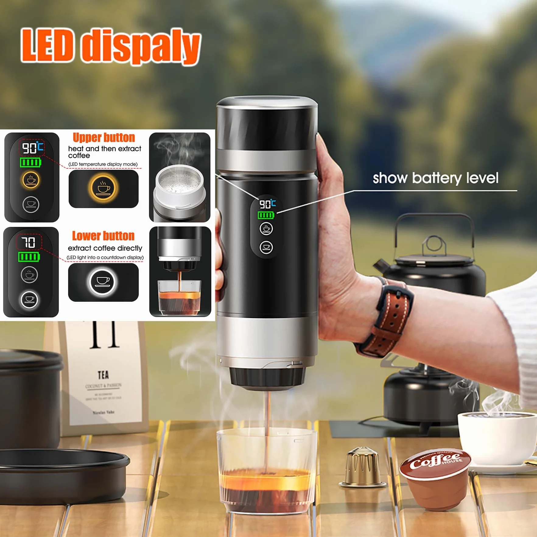 VHV Mini máquina de café inalámbrica de 90 ml, 3 en 1, con USB, compatible con cápsulas y café molido, gadgets de autocaravana y regalos de camping (gris)