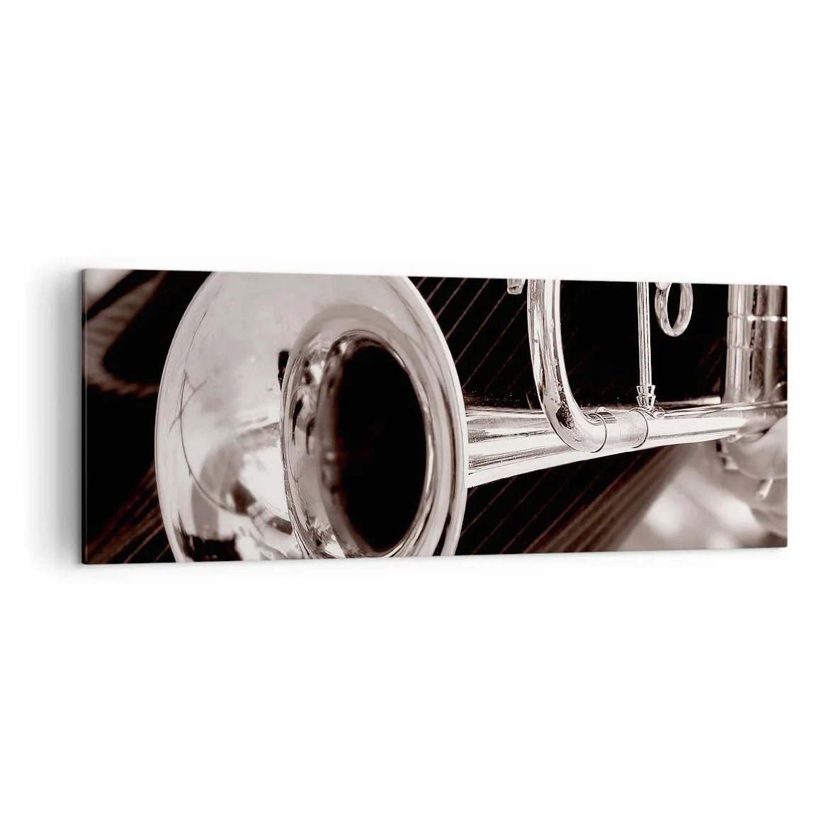 Cuadro sobre Lienzo 140x50cm Moderno Panorámico Música Vintage - 1553 | Orquesta Trompeta Instrumento Cuadro Decorativo Grande Arte mural Decoración del Hogar Salón Dormitorio Cuadros de Pared