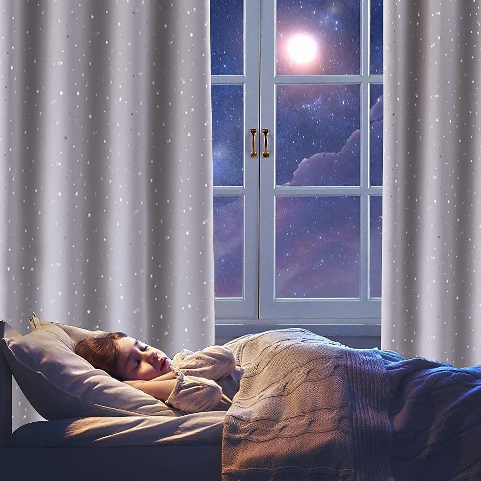 NAPEARL Cortinas Opacas Negras para Dormitorio Infantil con Estrellas Plateadas, Juego de 2