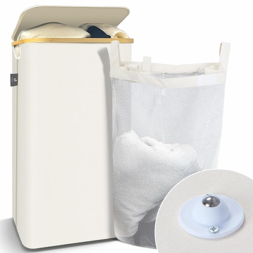 VOUNOT® Cesto Ropa Sucia 100L con Ruedas Cesta para la Colada, Cubo Ropa Sucia con Tapa y Asas de Bambú para Ropa, Cesta de Ropa Plegable Laundry Basket con Bolsa Interior Extraíble, Beige