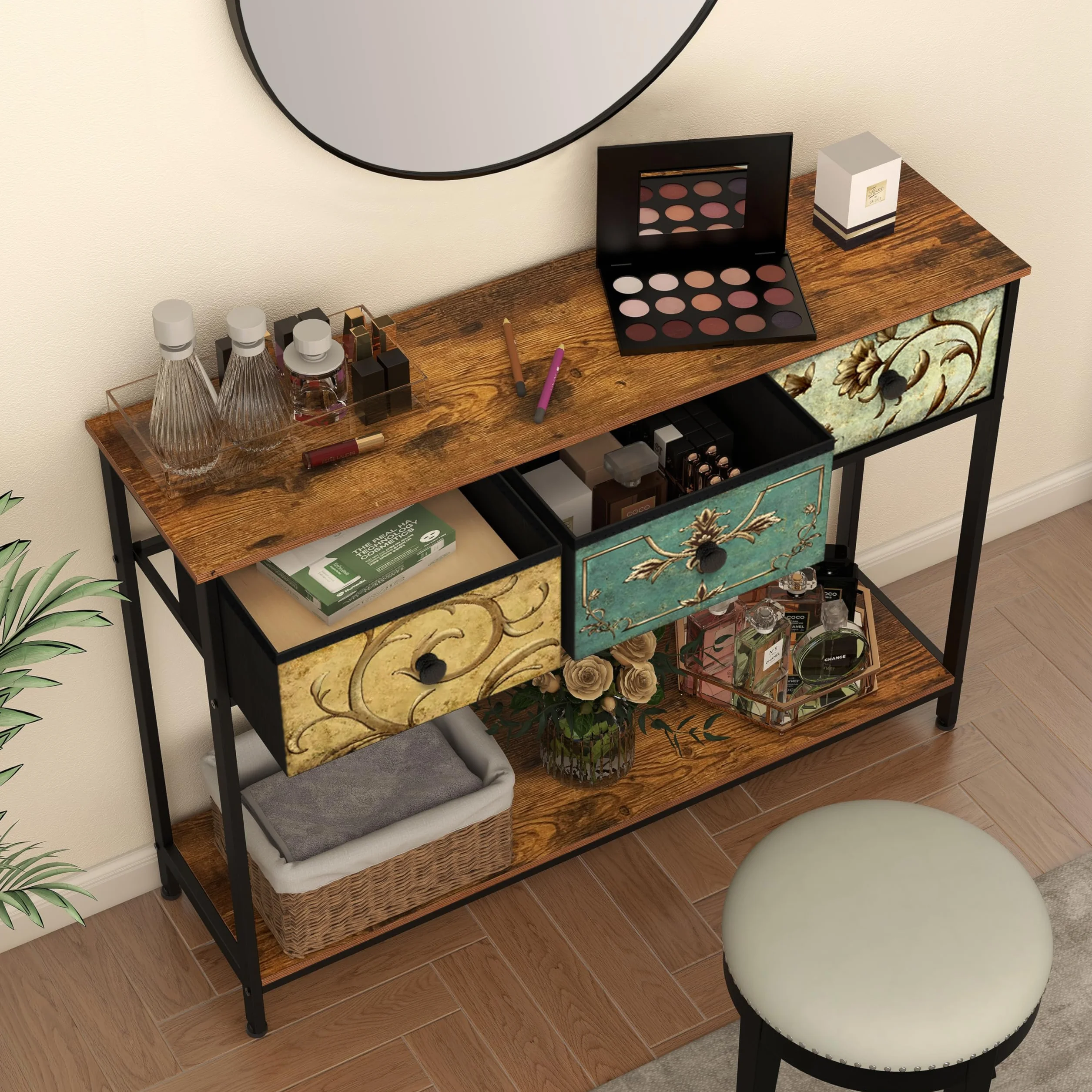 VEDECASA Mesa consola mesa auxiliar con 3 cajones de tela, mesa de pasillo con estantes de almacenamiento abiertos, mesa de entrada, mesa de sofá para pasillo, salón, dormitorio, madera, marco de