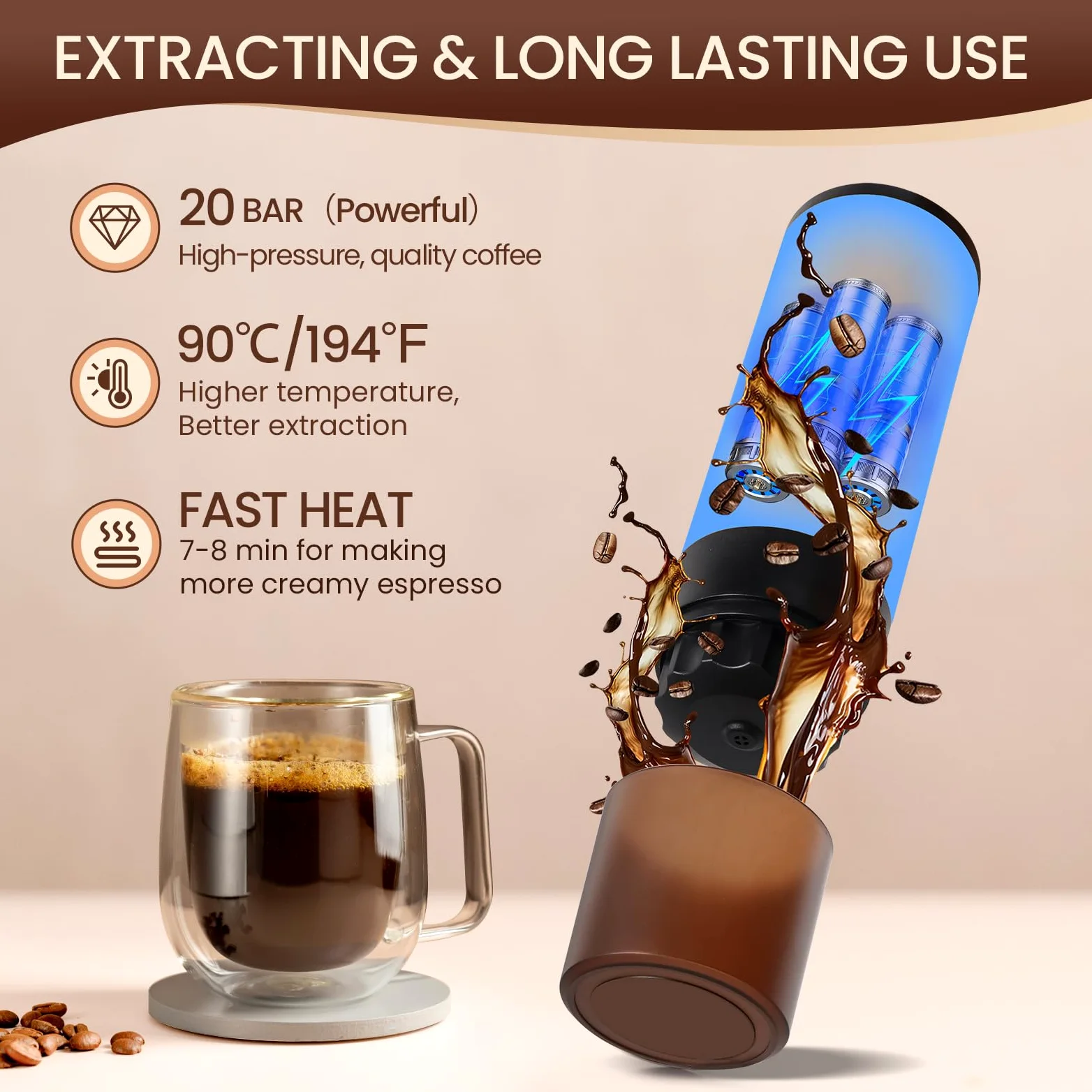 LAMA Cafetera de viaje espresso, autocalentable, portátil 3 en 1, nano cafetera de coche para cápsulas grandes, cápsulas pequeñas, café molido, 7800 mAh, cafetera espresso para senderismo, camping