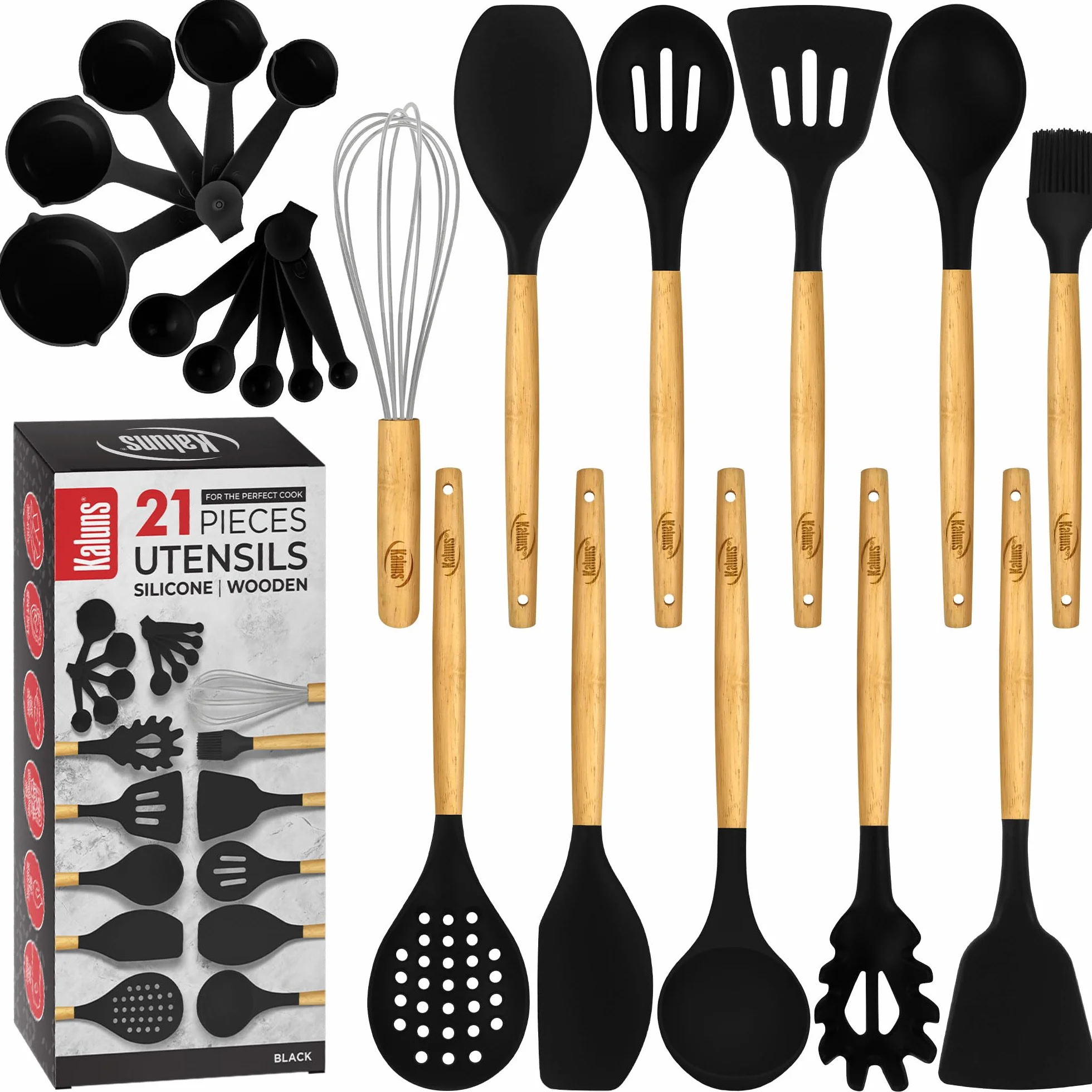 Juego de utensilios de cocina, 21 utensilios de cocina de madera y silicona, antiadherentes y resistentes al calor, utensilios de cocina (negro)