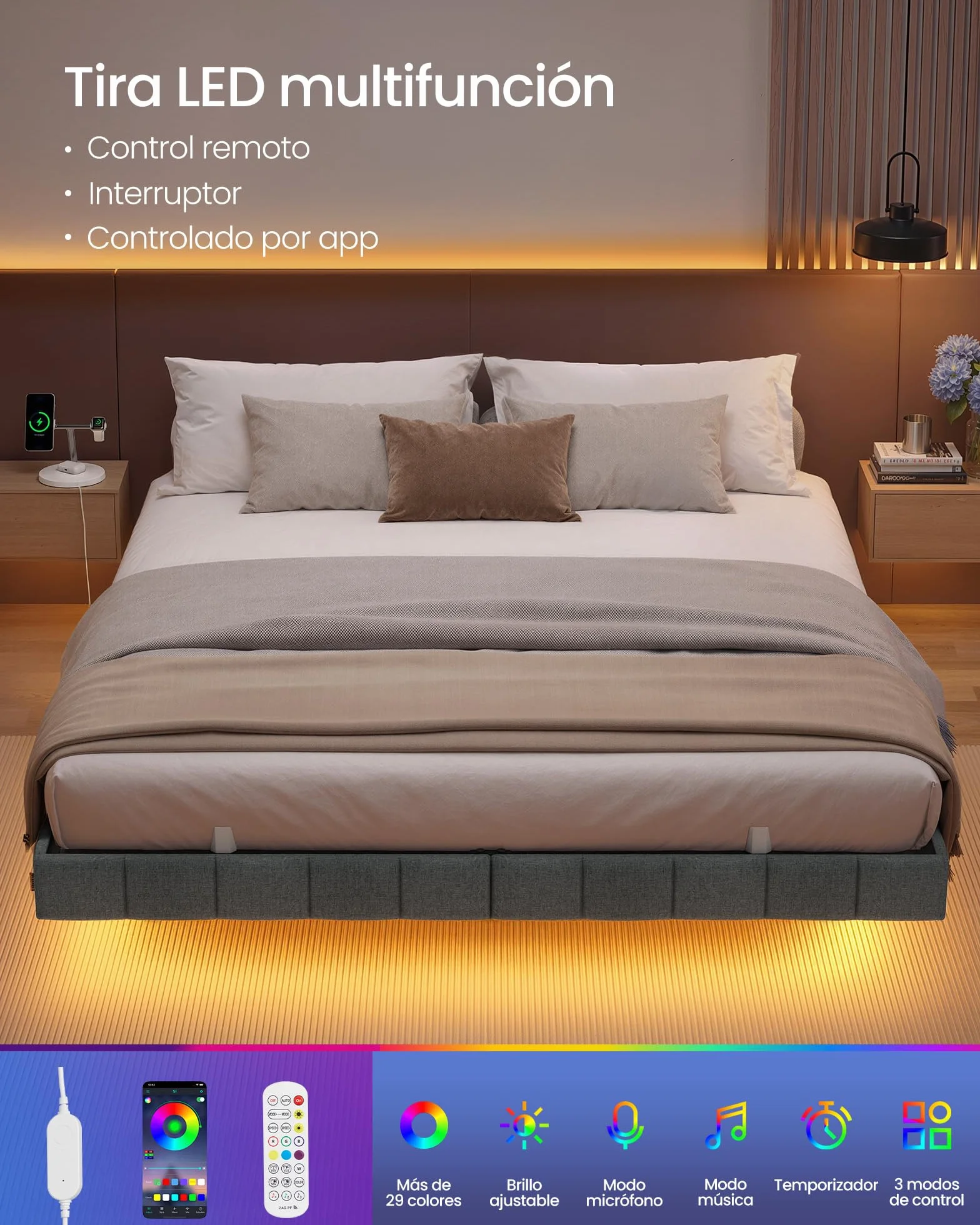 VASAGLE Marco de Cama Flotante, 160 x 200 cm, Bordes Acolchados, LED, 2 Tomas de Corriente, 1 Puerto USB-A, 1 Puerto USB-C, 1 Puerto USB-A Posterior, Carga de 500 kg, Gris Pizarra RMB165G101