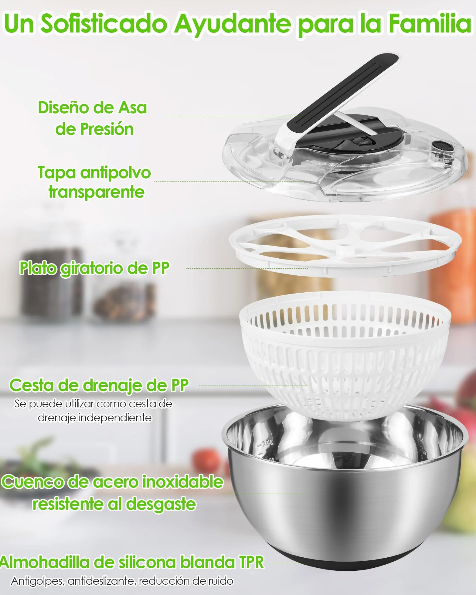 Centrifugadora Lechuga 4,5L de Acero Inoxidable Grande, Escurridor Lechuga Centrifuga con Tapa, Base Antideslizante, Escurridor Ensalada para Lavar y Escurrir Las Ensaladas
