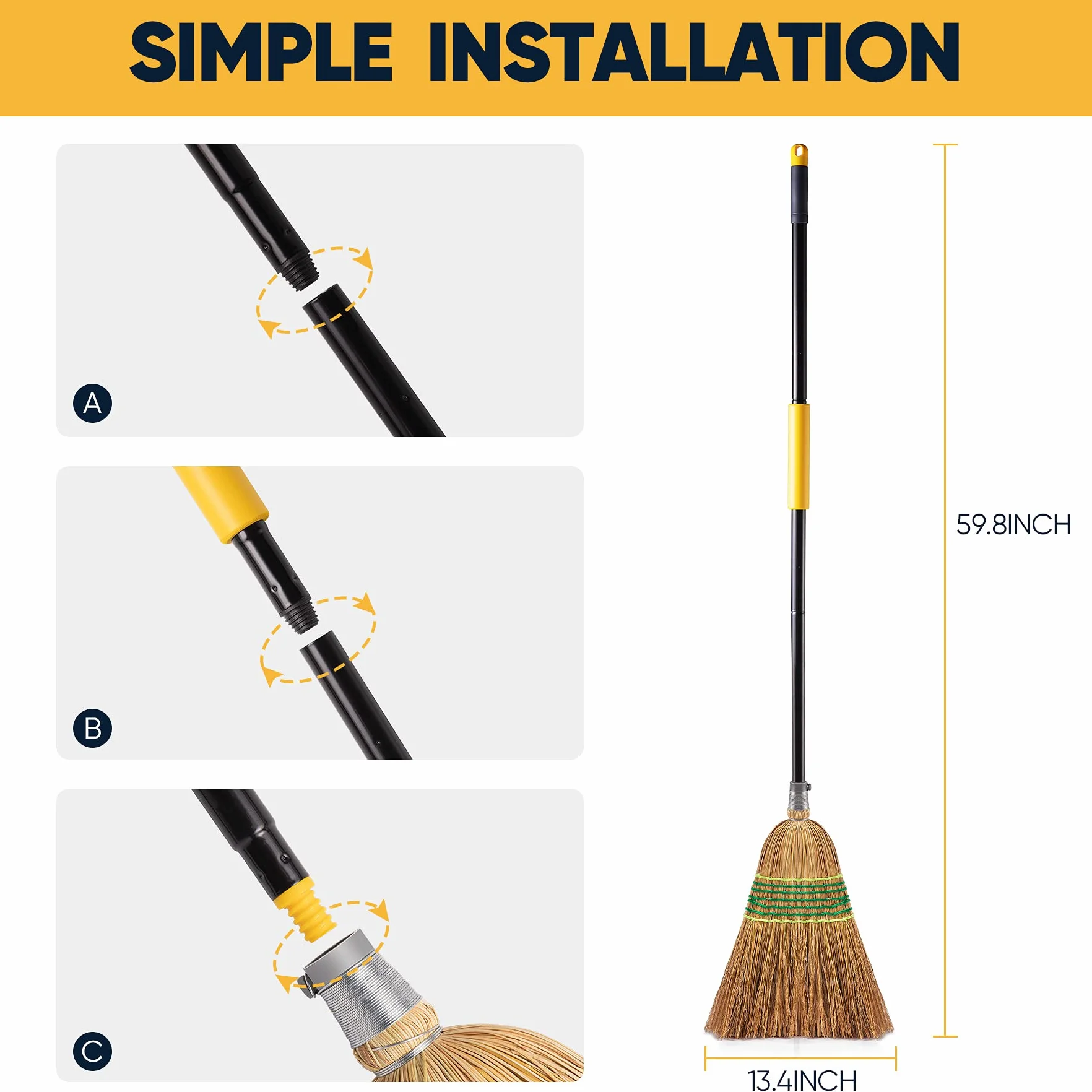 Yocada Escoba de maíz Resistente para Interiores y Exteriores, 60 Pulgadas de Alto, Patio, Garaje, vestíbulo, Centro Comercial, Mercado, Suelo, hogar, Oficina, Hojas, Piedra, Polvo,