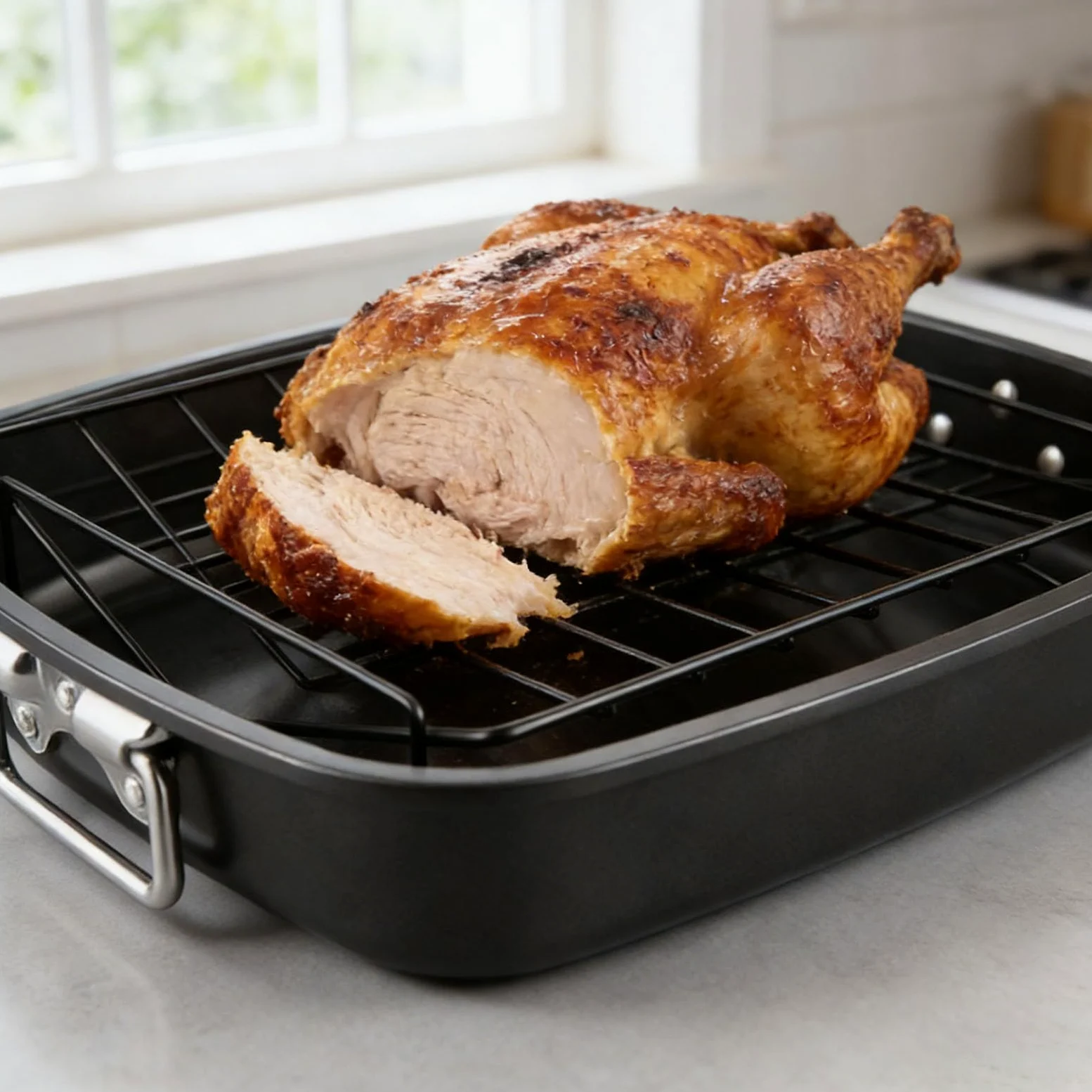 Sartén para asar pavo de 17 pulgadas incluye estante en forma de V de acero al carbono, bandeja para hornear para Acción de Gracias, Navidad, apto para horno