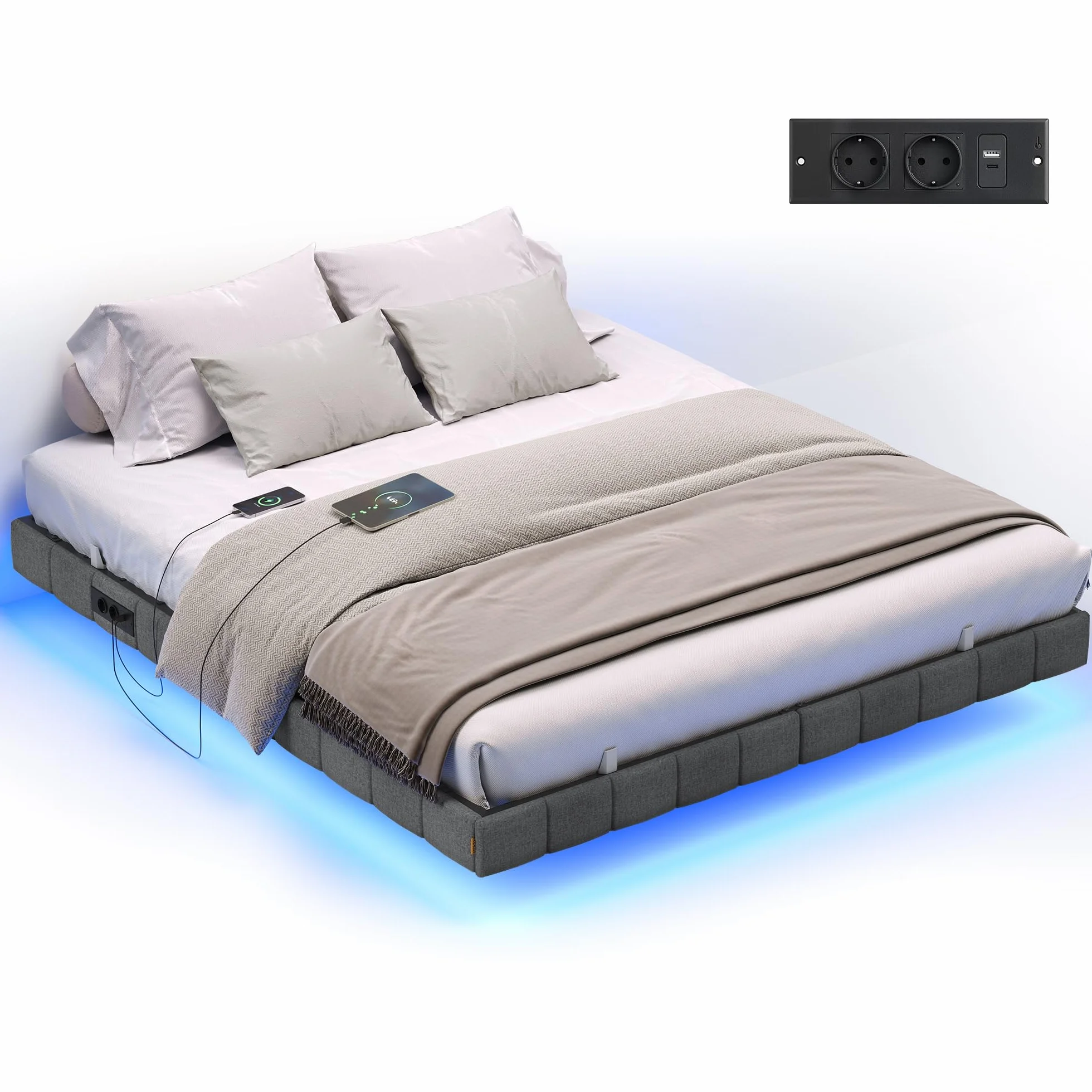 VASAGLE Marco de Cama Flotante, 160 x 200 cm, Bordes Acolchados, LED, 2 Tomas de Corriente, 1 Puerto USB-A, 1 Puerto USB-C, 1 Puerto USB-A Posterior, Carga de 500 kg, Gris Pizarra RMB165G101