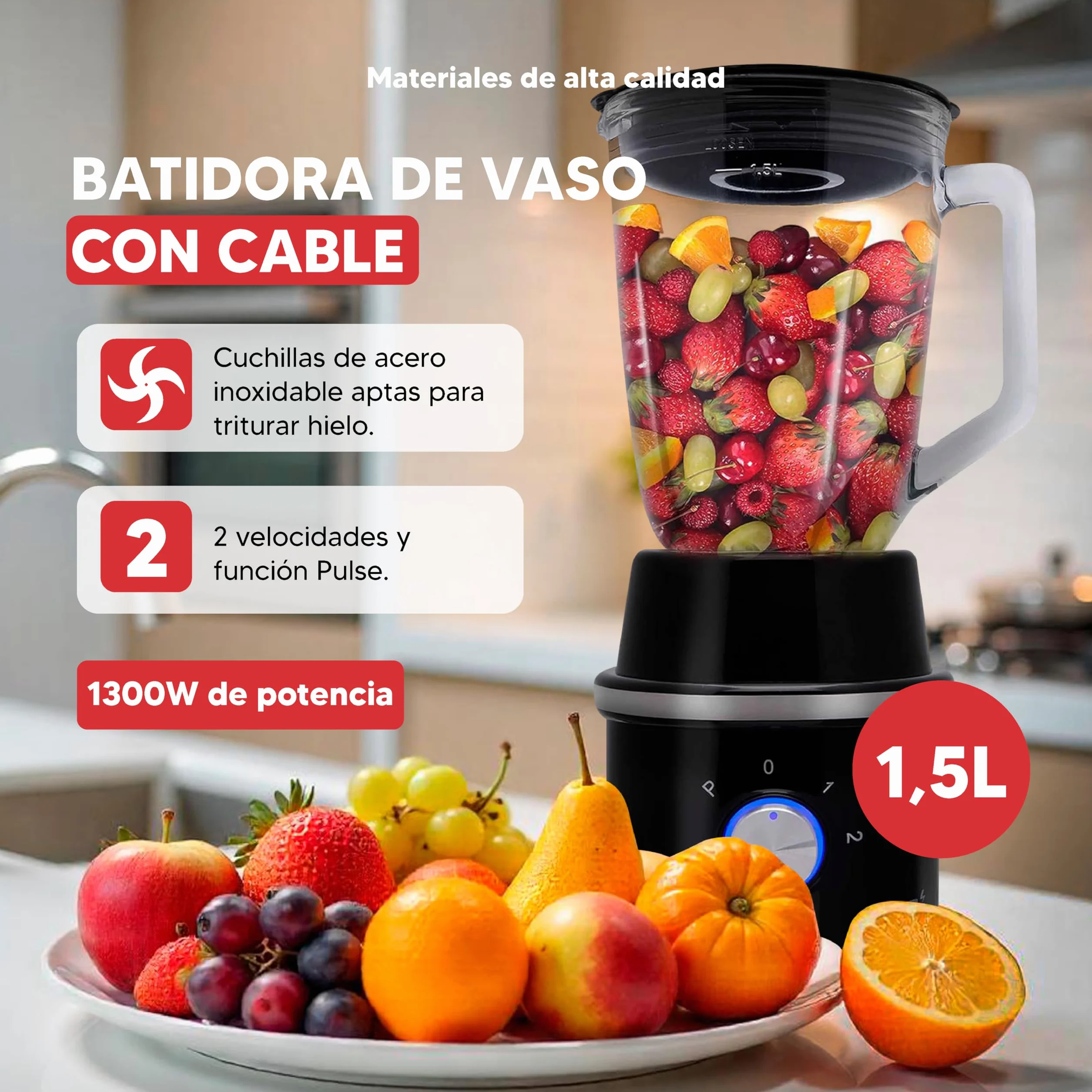 SOGO Batidora de Vaso, Dos Jarras de 1,5 Litros y de 0,3 Litros, Cuchilla Acero Inoxidable 1300W, Negro (BAT-SS-5545)